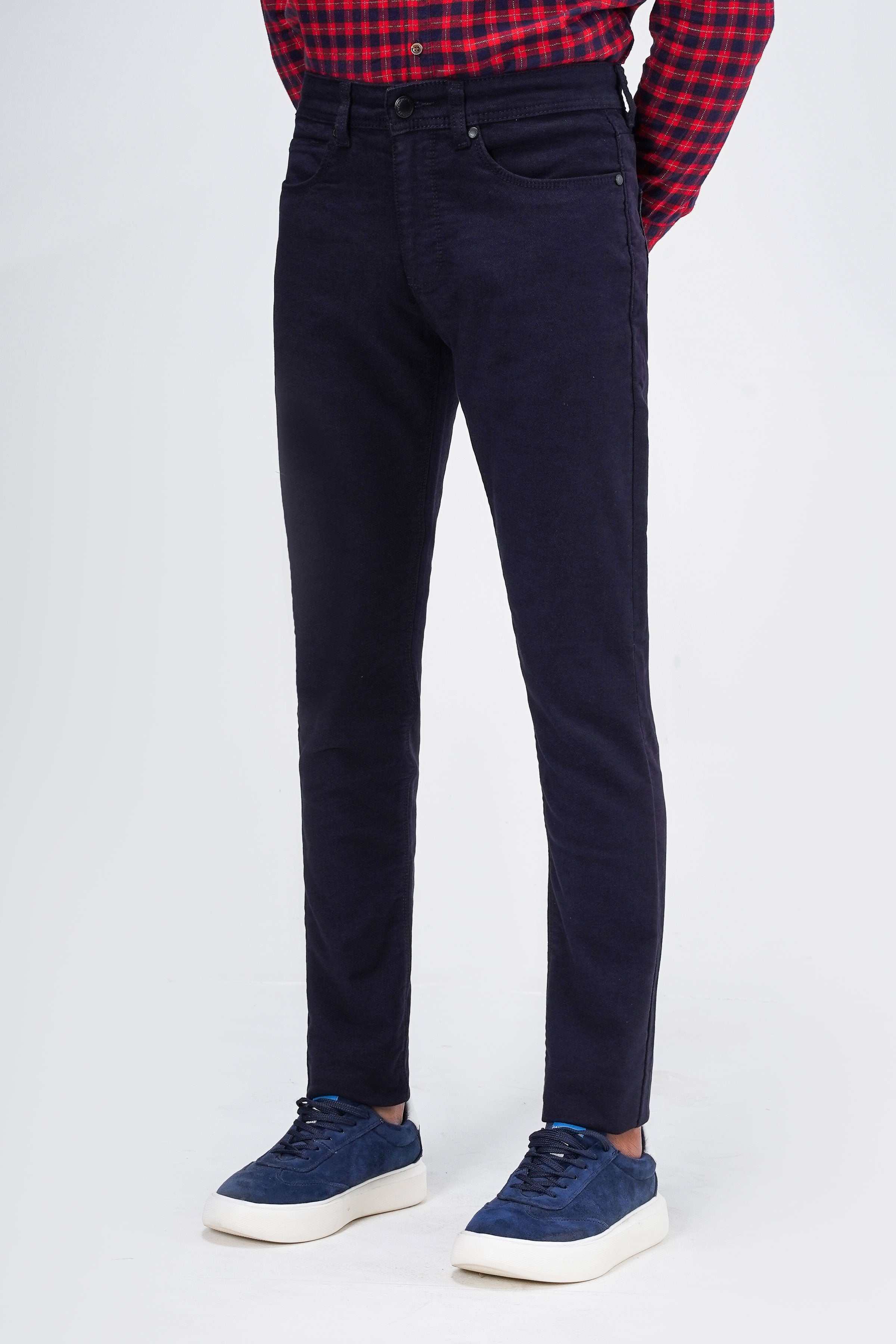 Navy wool 5-pocket pants front view with slim straight fit