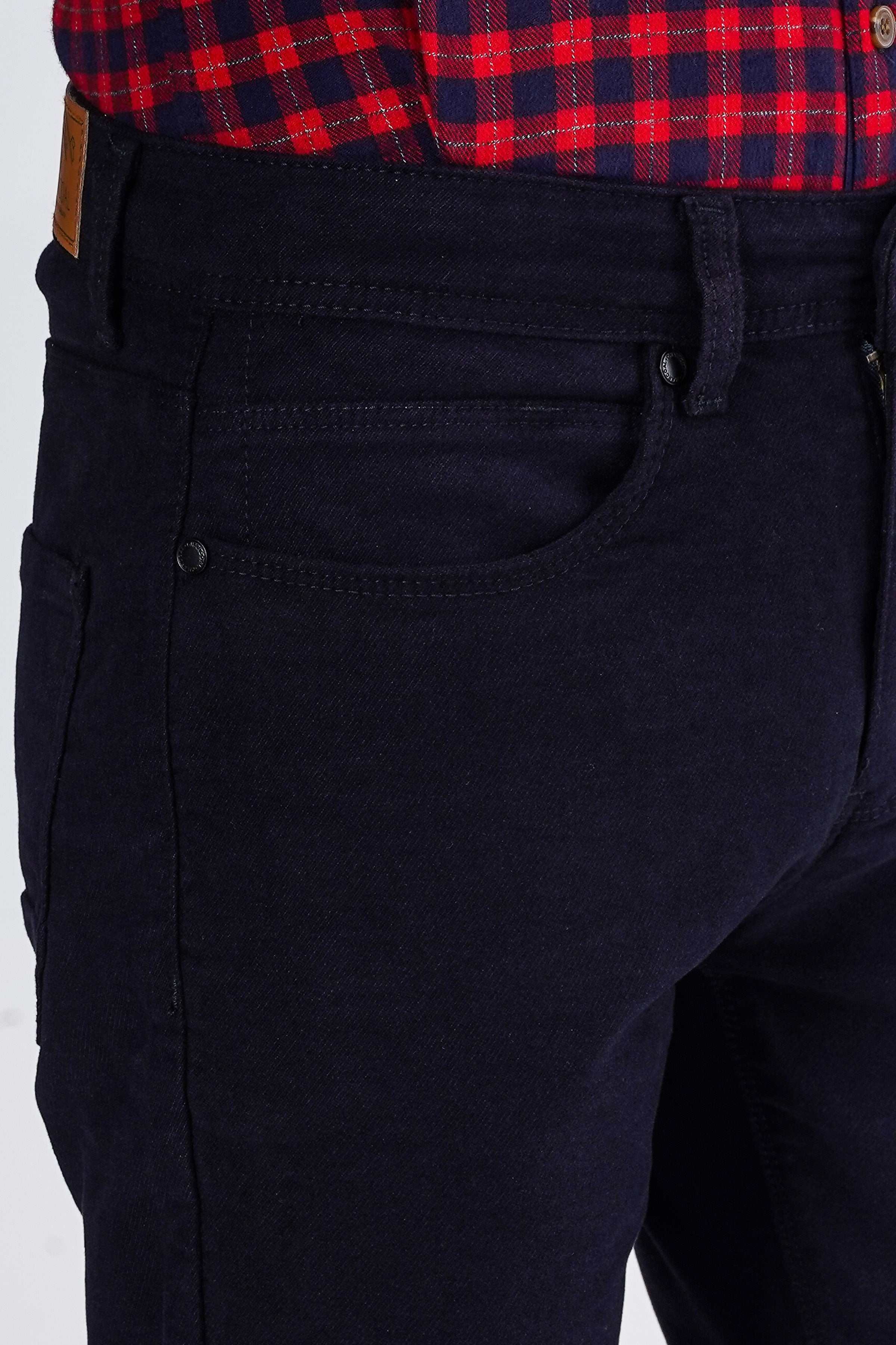 Navy wool 5-pocket pants close-up of front pocket and button