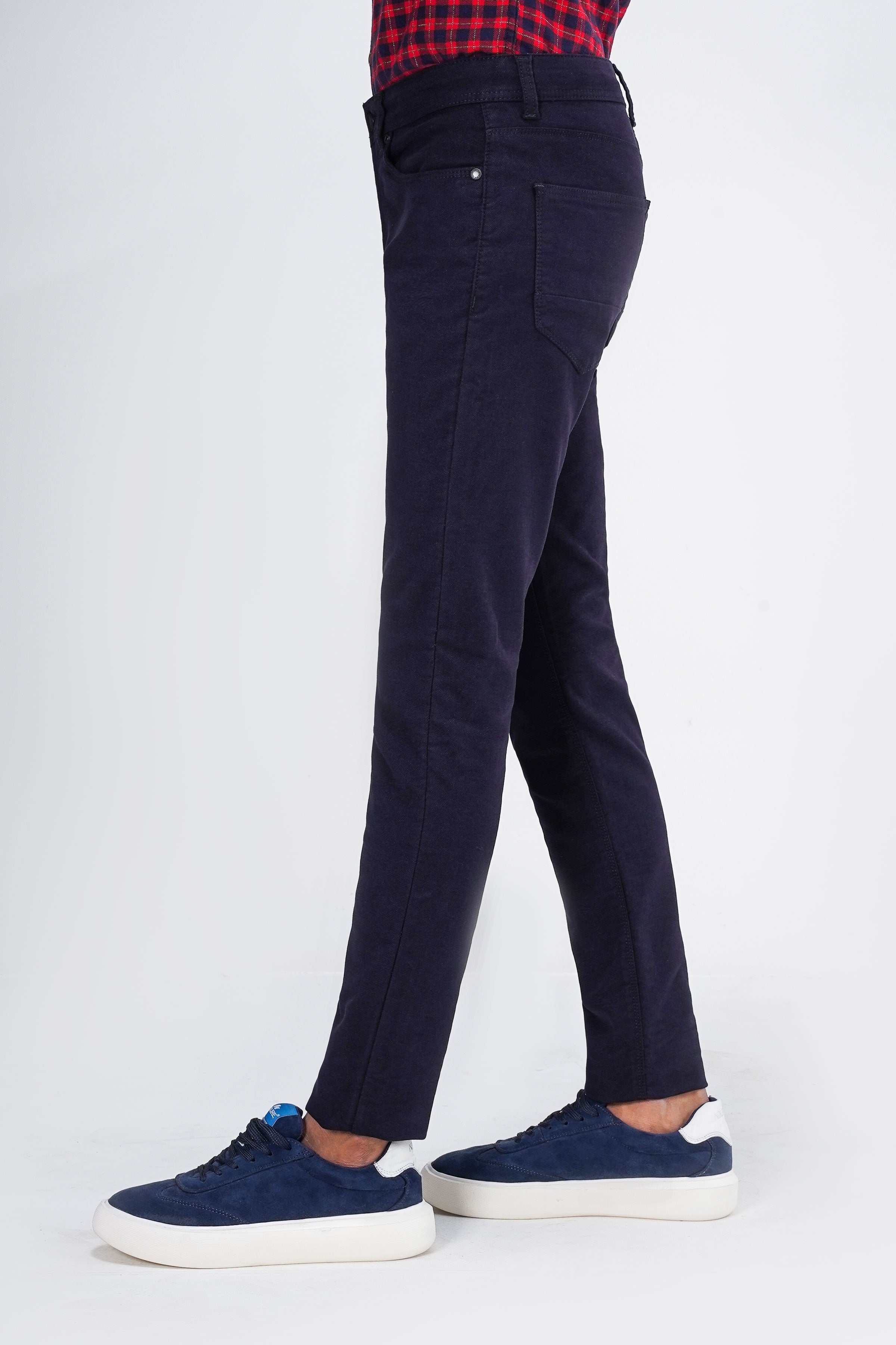 Navy wool 5-pocket pants with straight leg and belt loops