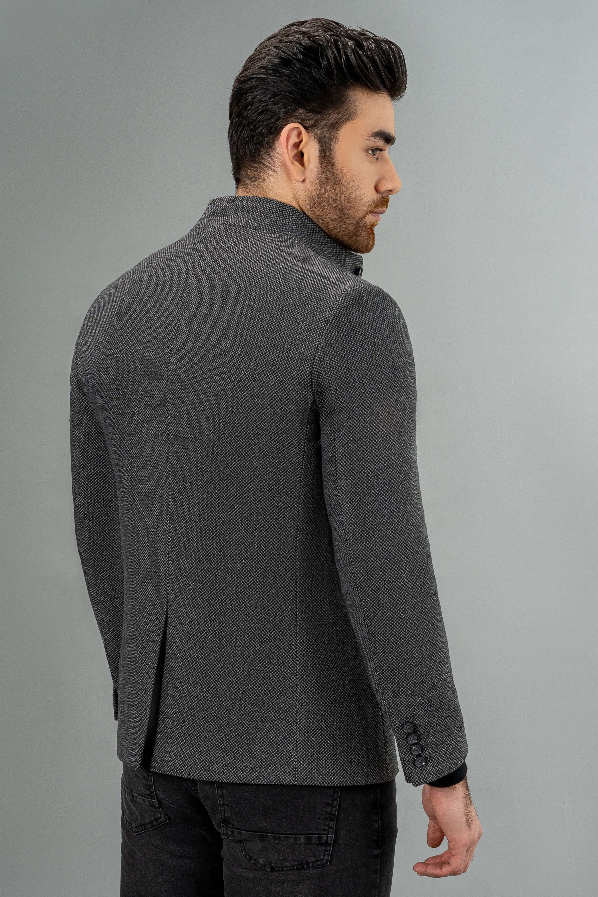 Dark gray wool casual coat back view with button cuffs