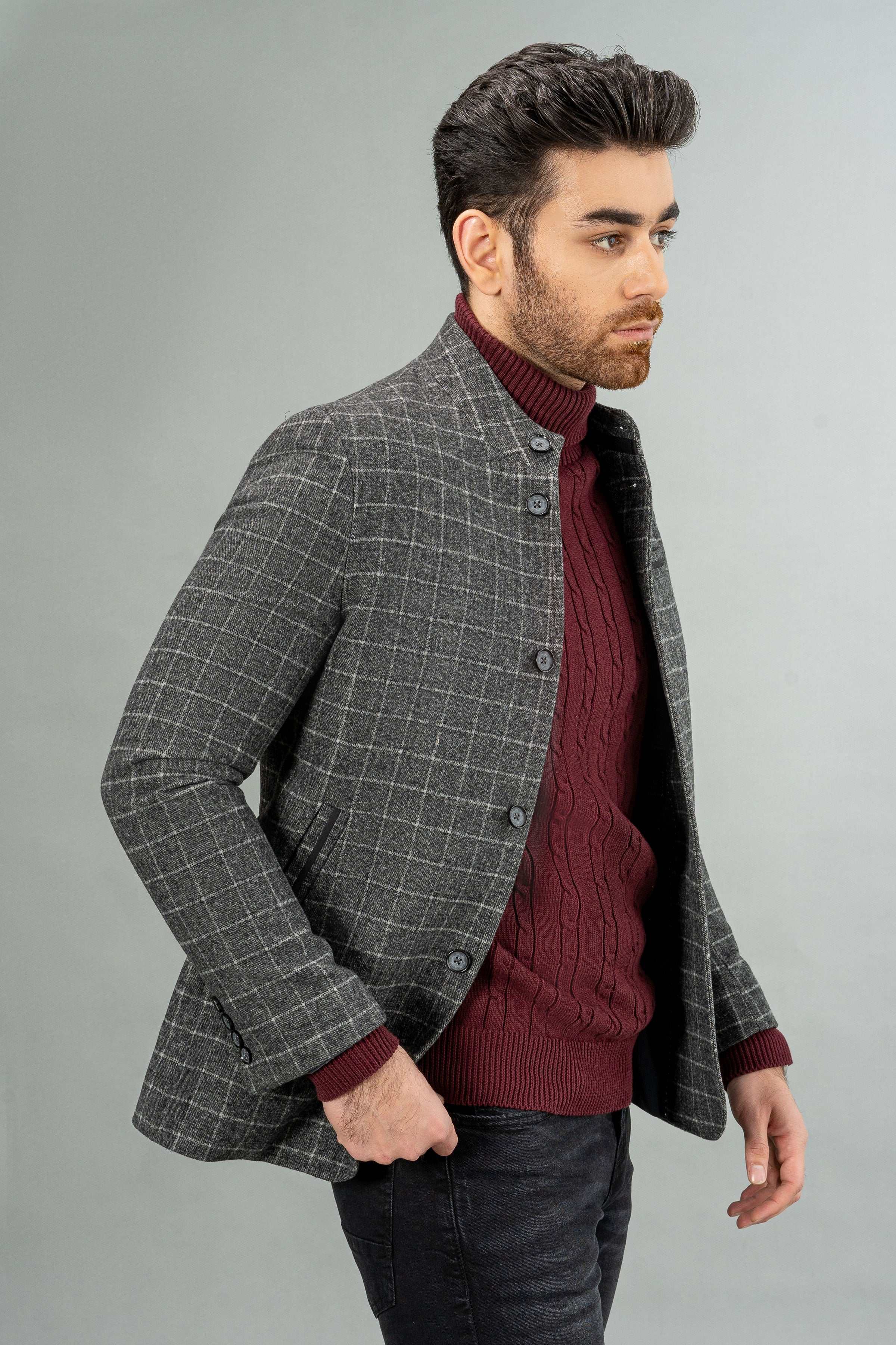 WOOLEN CASUAL COAT GREY BLACK at Charcoal Clothing
