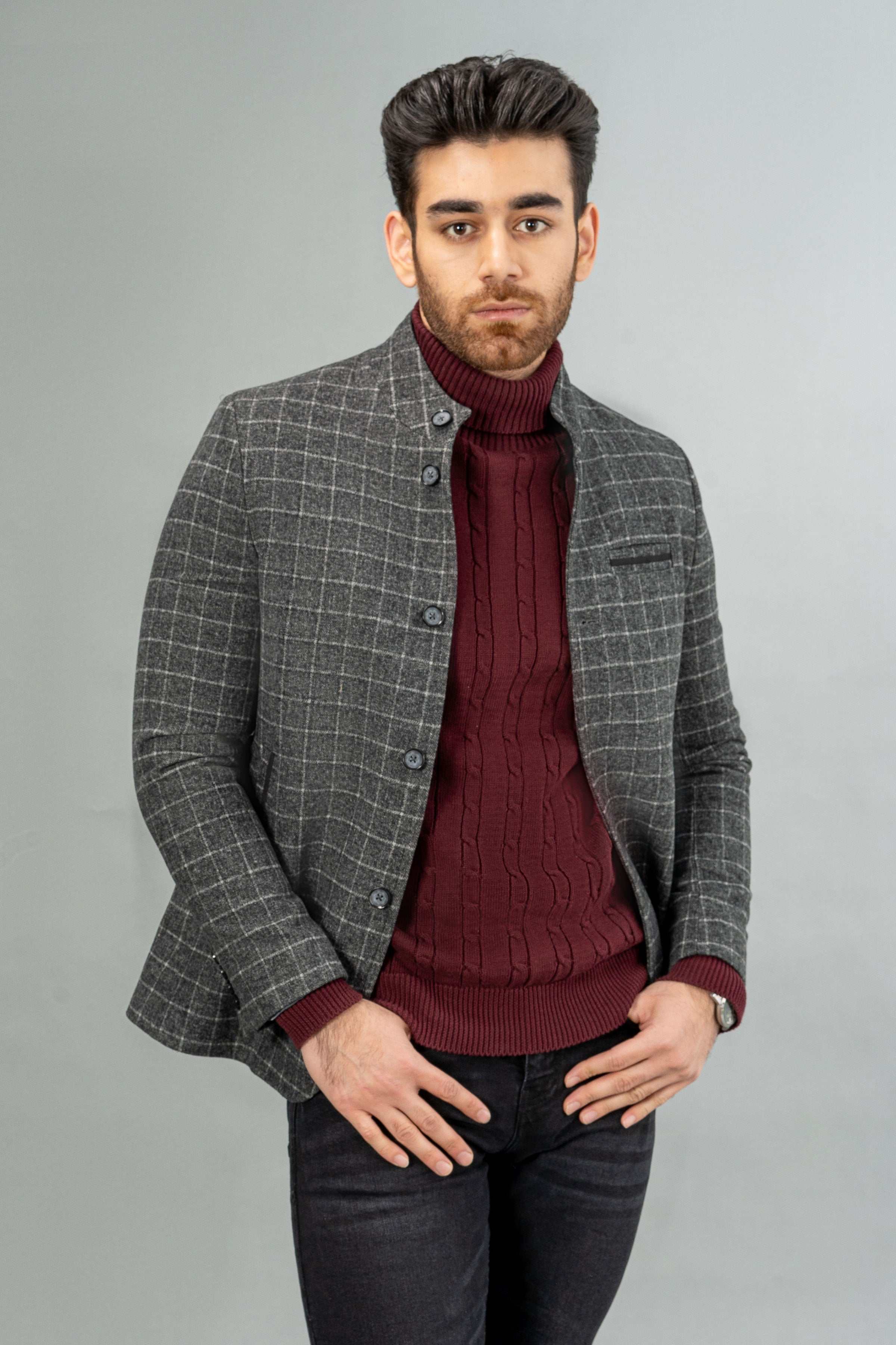 WOOLEN CASUAL COAT GREY BLACK at Charcoal Clothing