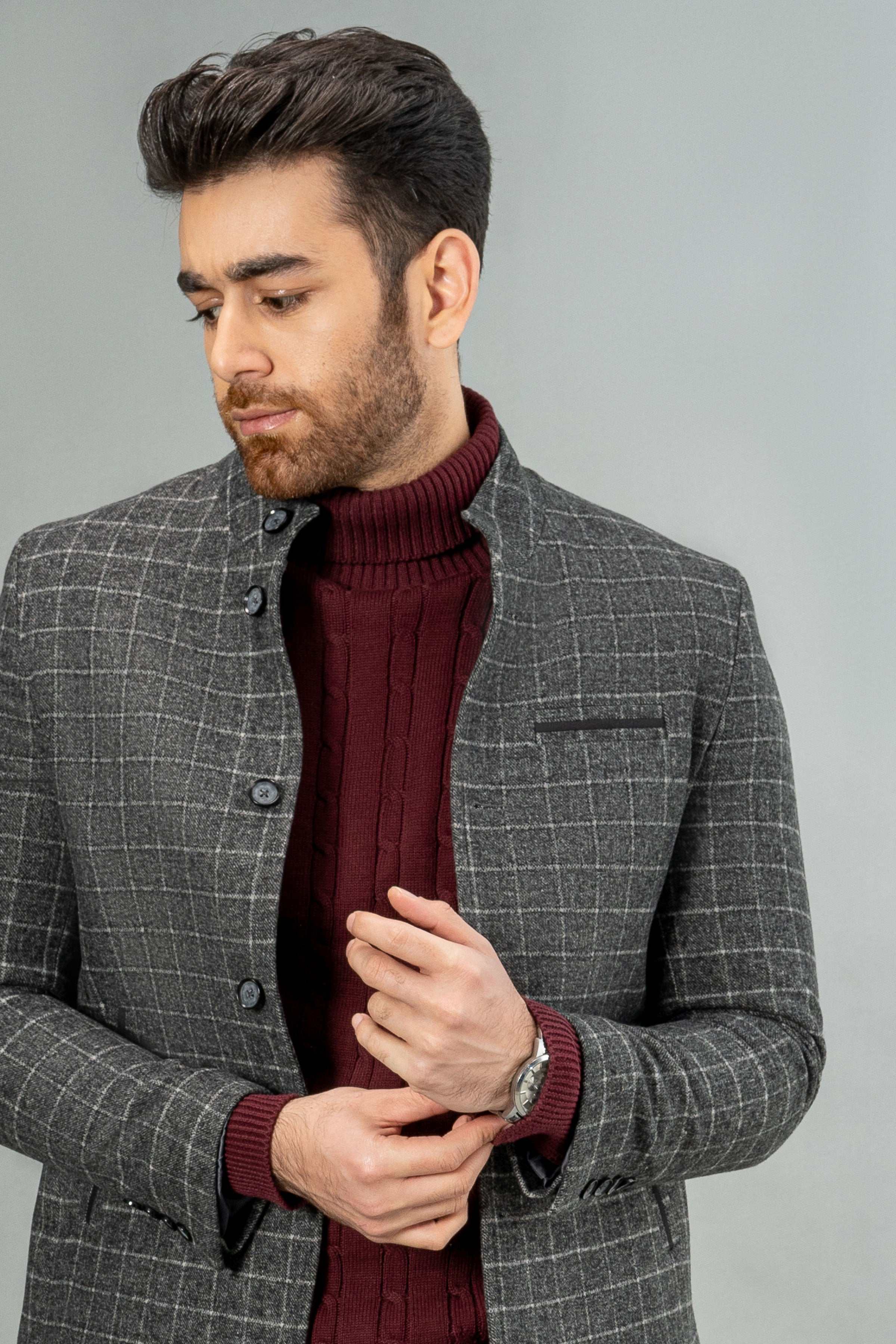 WOOLEN CASUAL COAT GREY BLACK at Charcoal Clothing