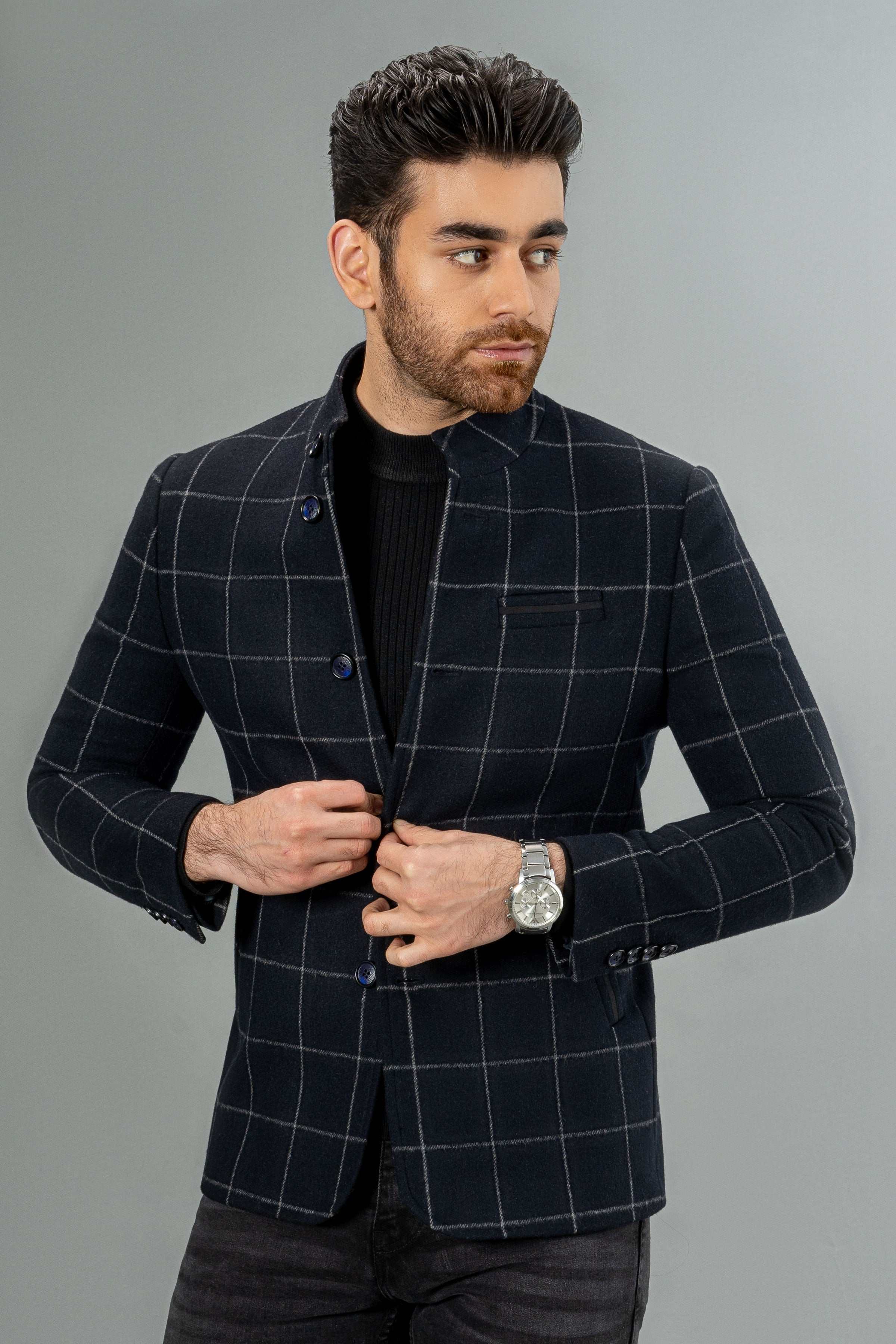 Navy checked wool coat, single-breasted with buttons and stand collar, long sleeves