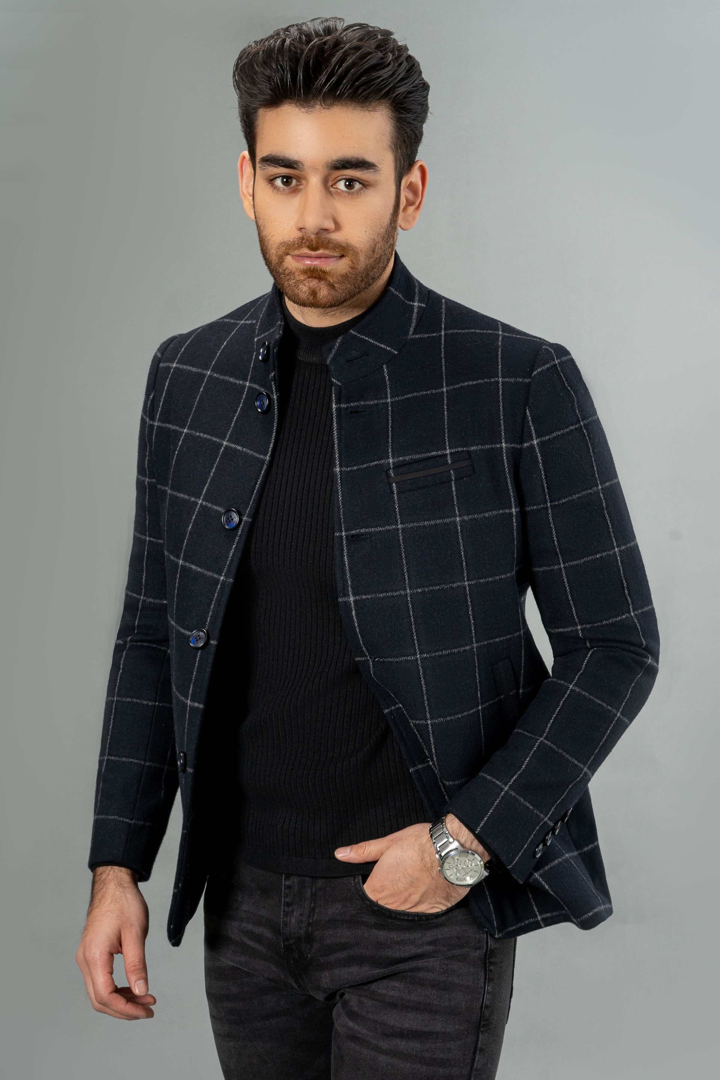 Navy wool casual coat with check pattern, stand collar, button front, long sleeves