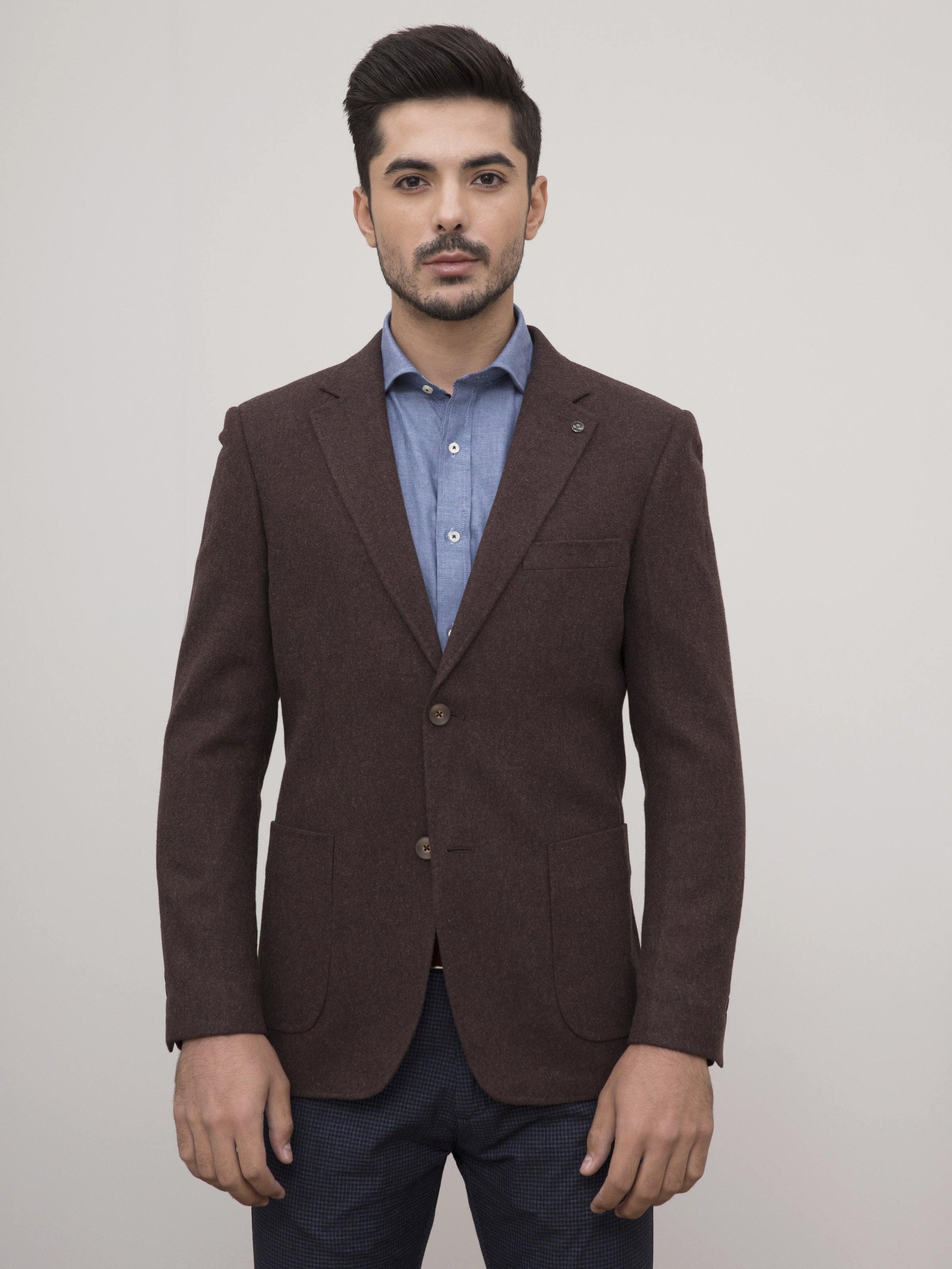 Brown wool slim-fit casual coat with two-button front and welt pockets