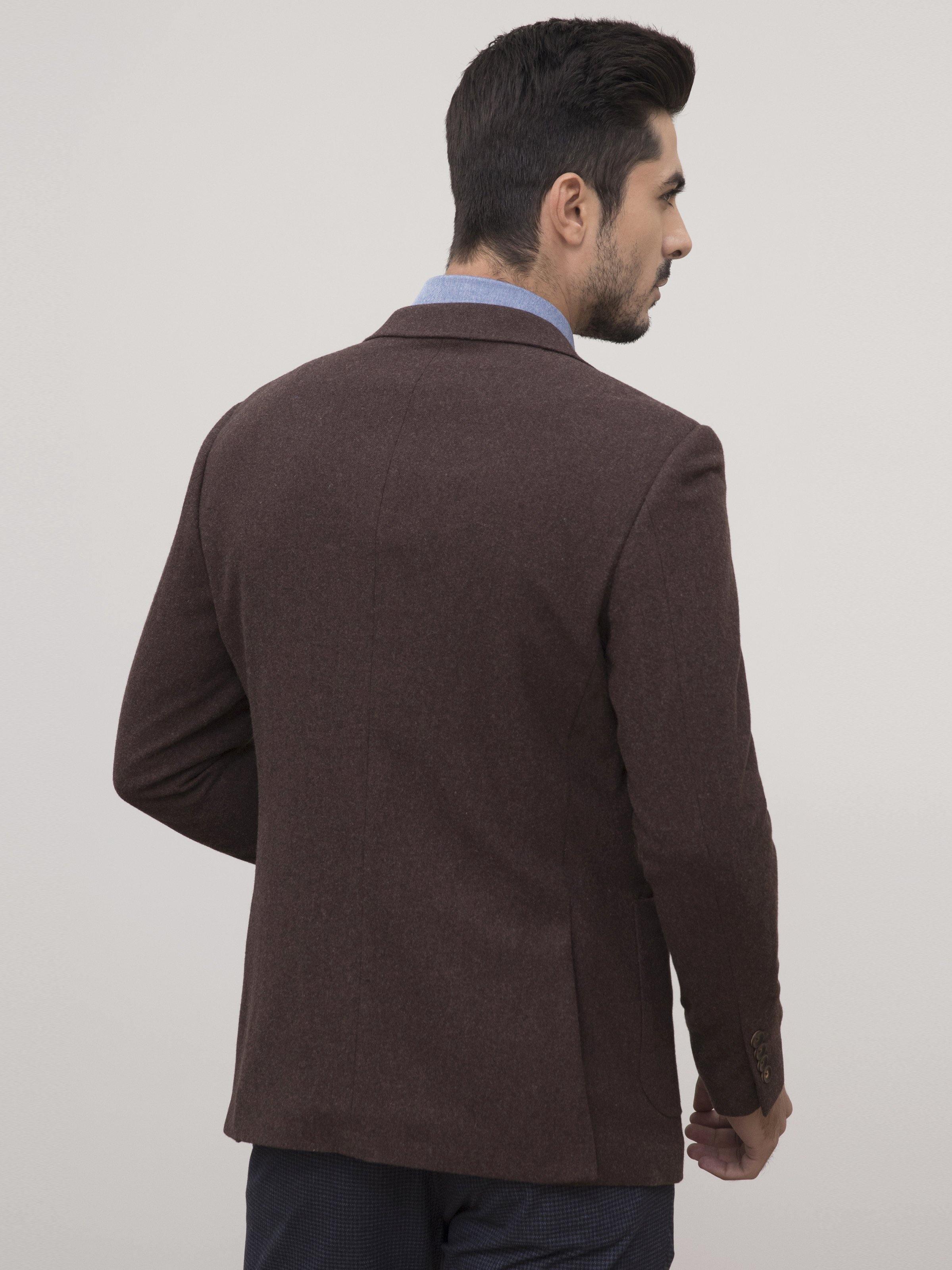 Brown wool casual coat back view with slim shoulders and notch collar