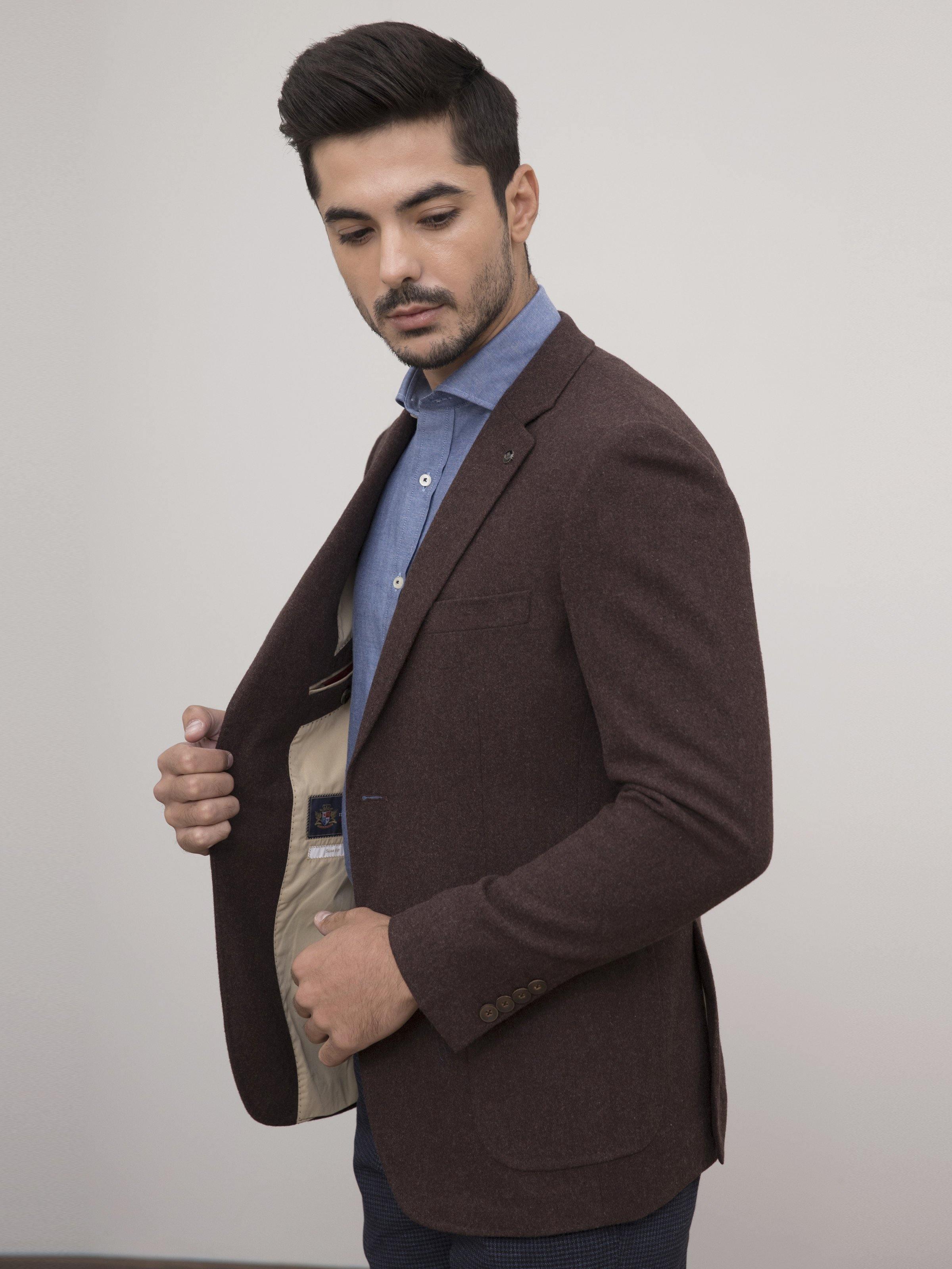 Brown wool casual coat with open front showing inner lining and pocket detail