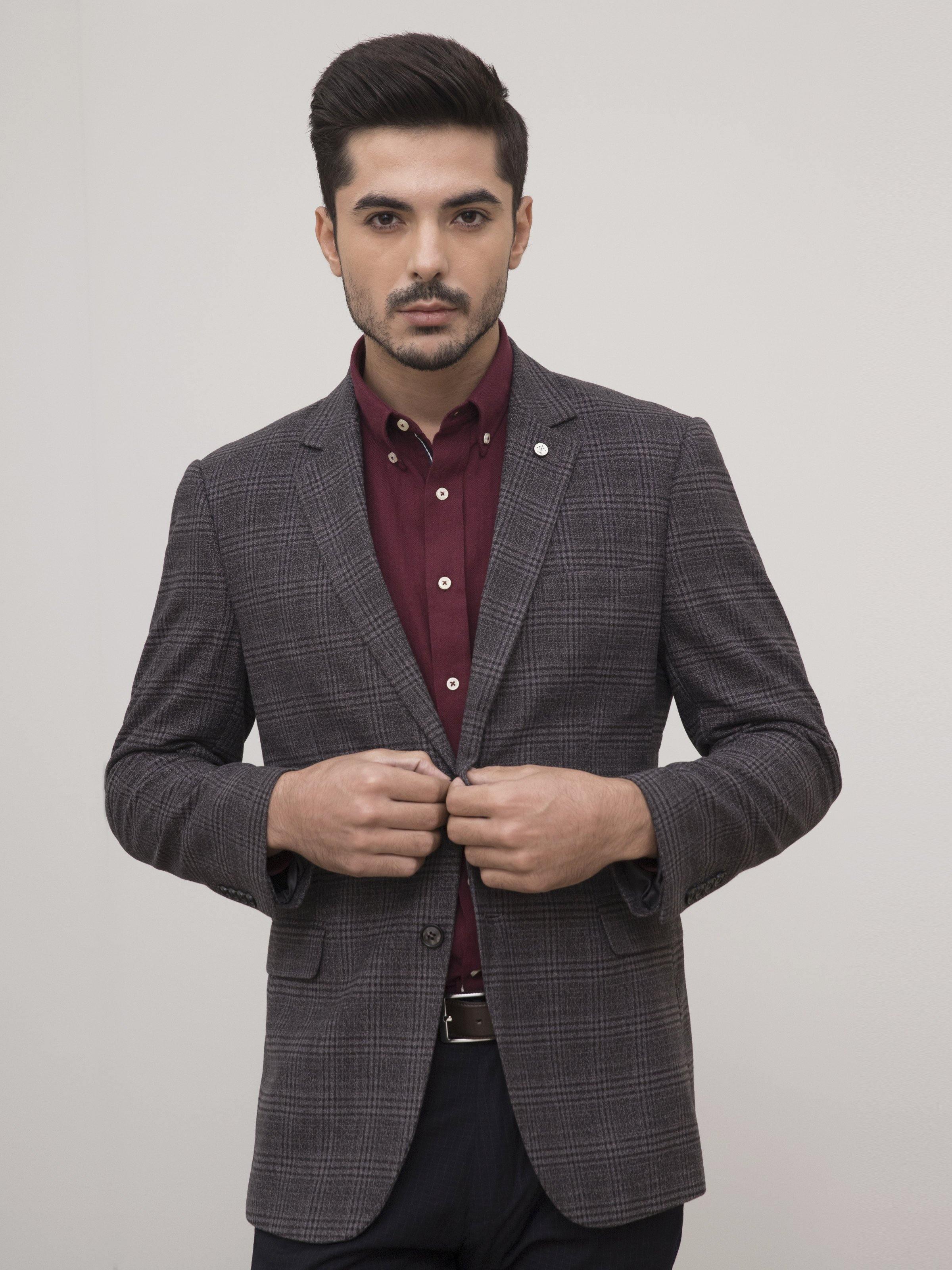 Grey check wool coat with two-button front, slim fit, flap pockets.