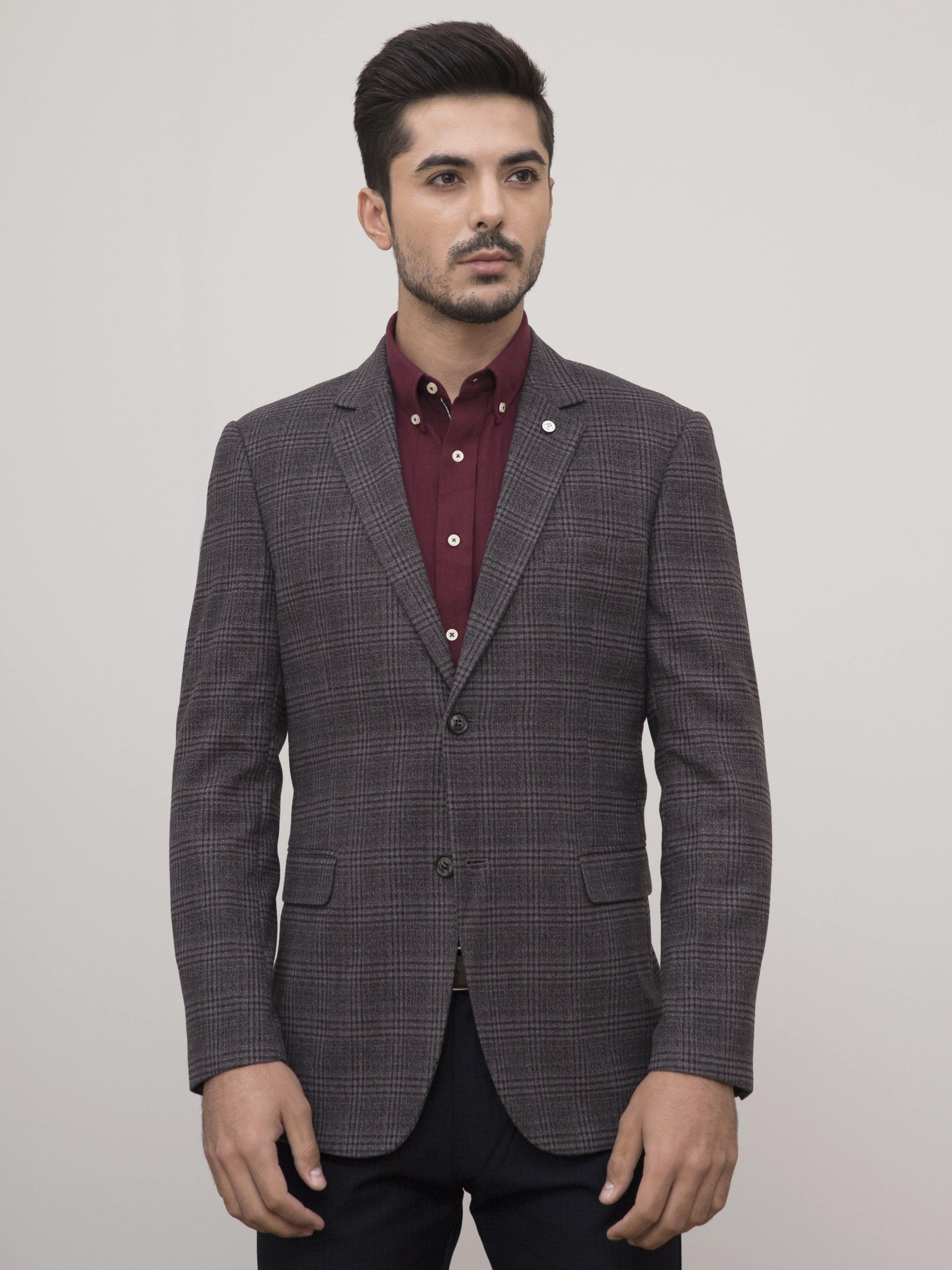Grey check wool coat, slim fit, two-button closure, flap pockets.