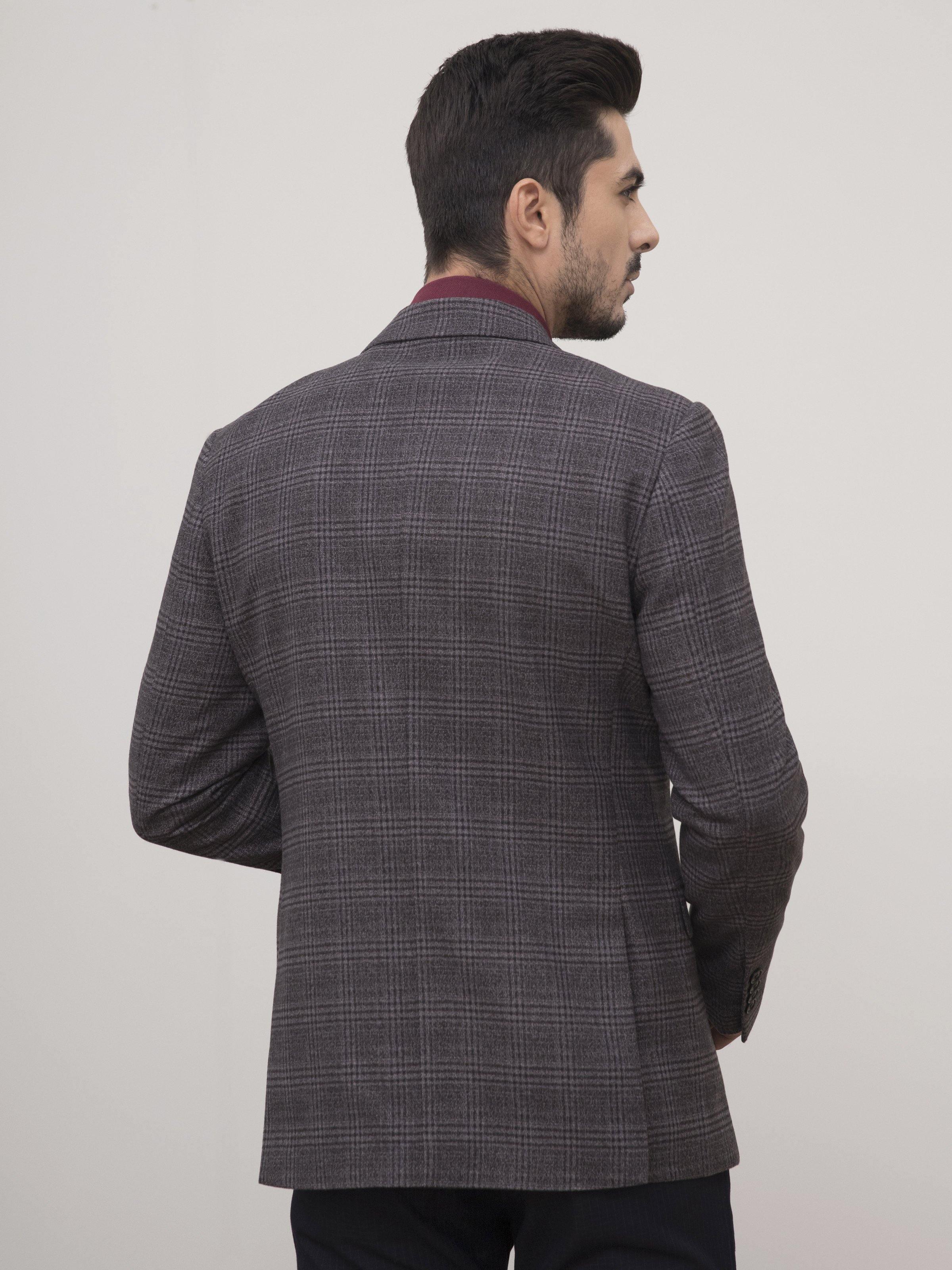 Grey check wool coat, slim fit, single back vent, notch collar.