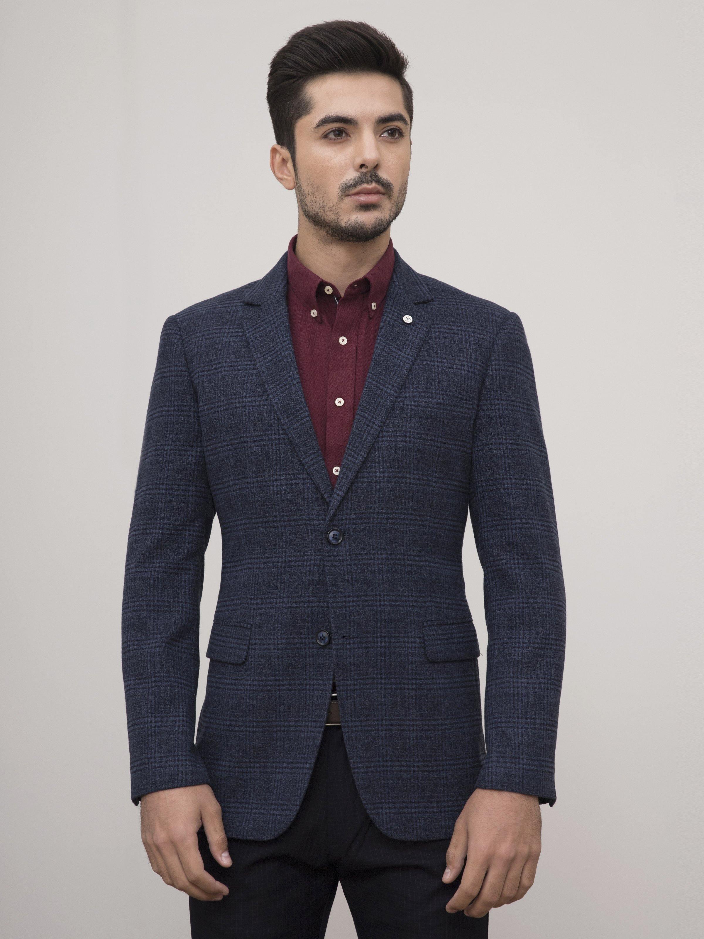 Navy wool slim-fit coat, two-button front, flap pockets and tailored waist