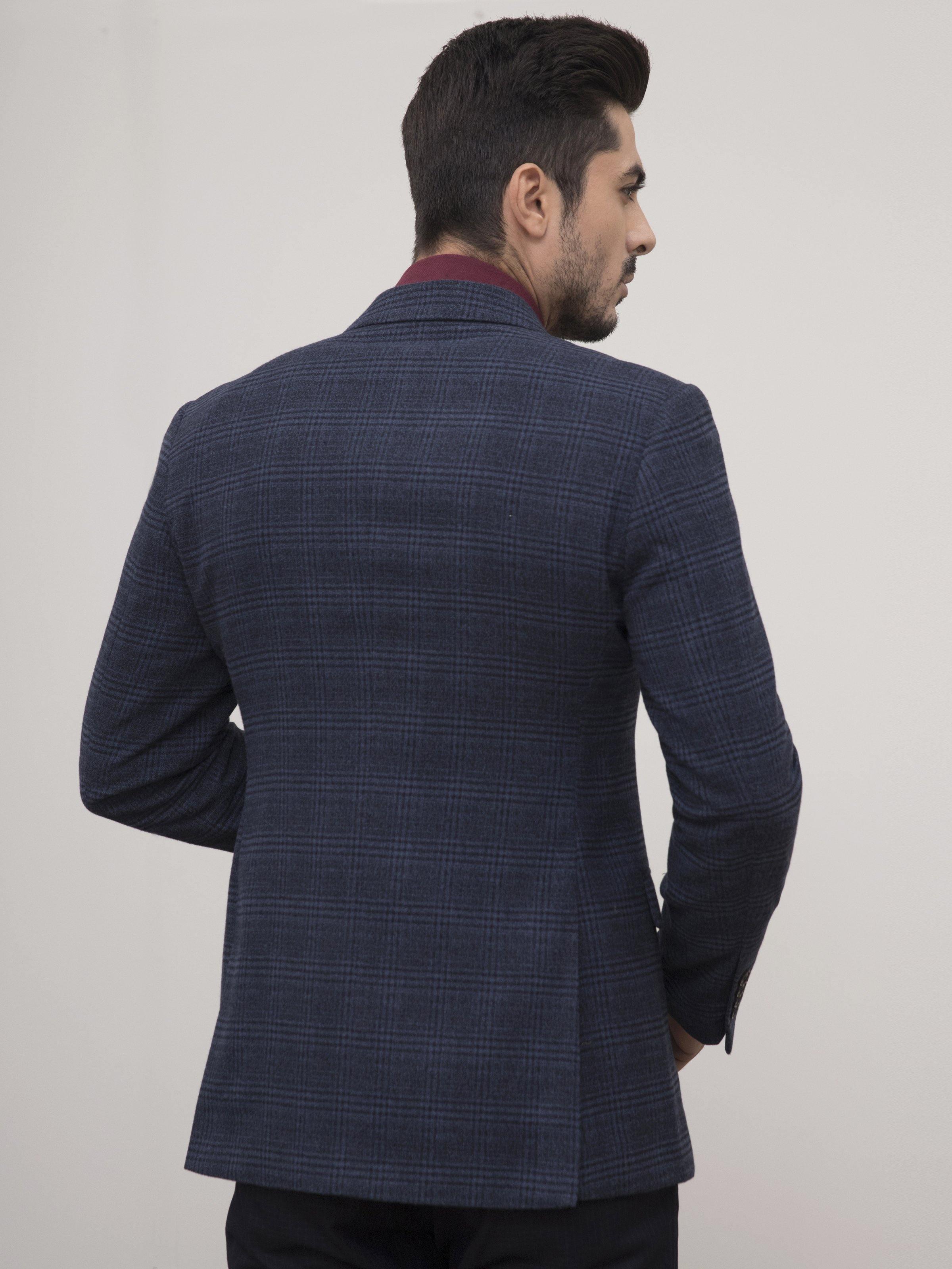 Navy wool slim-fit coat back view with long sleeves and textured check pattern