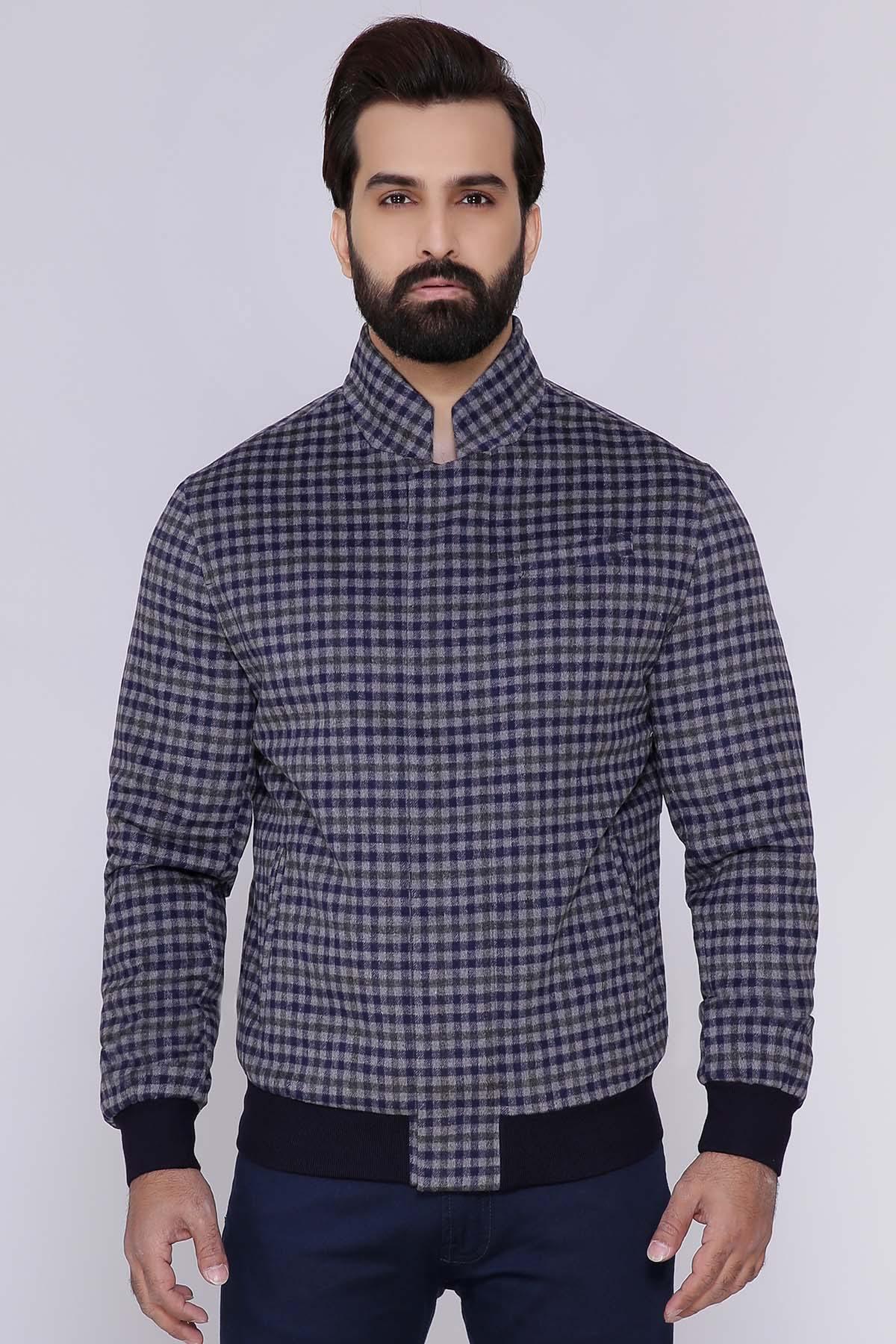 Woolen full-sleeve jacket in blue-gray check, stand collar, zip front, ribbed cuffs.