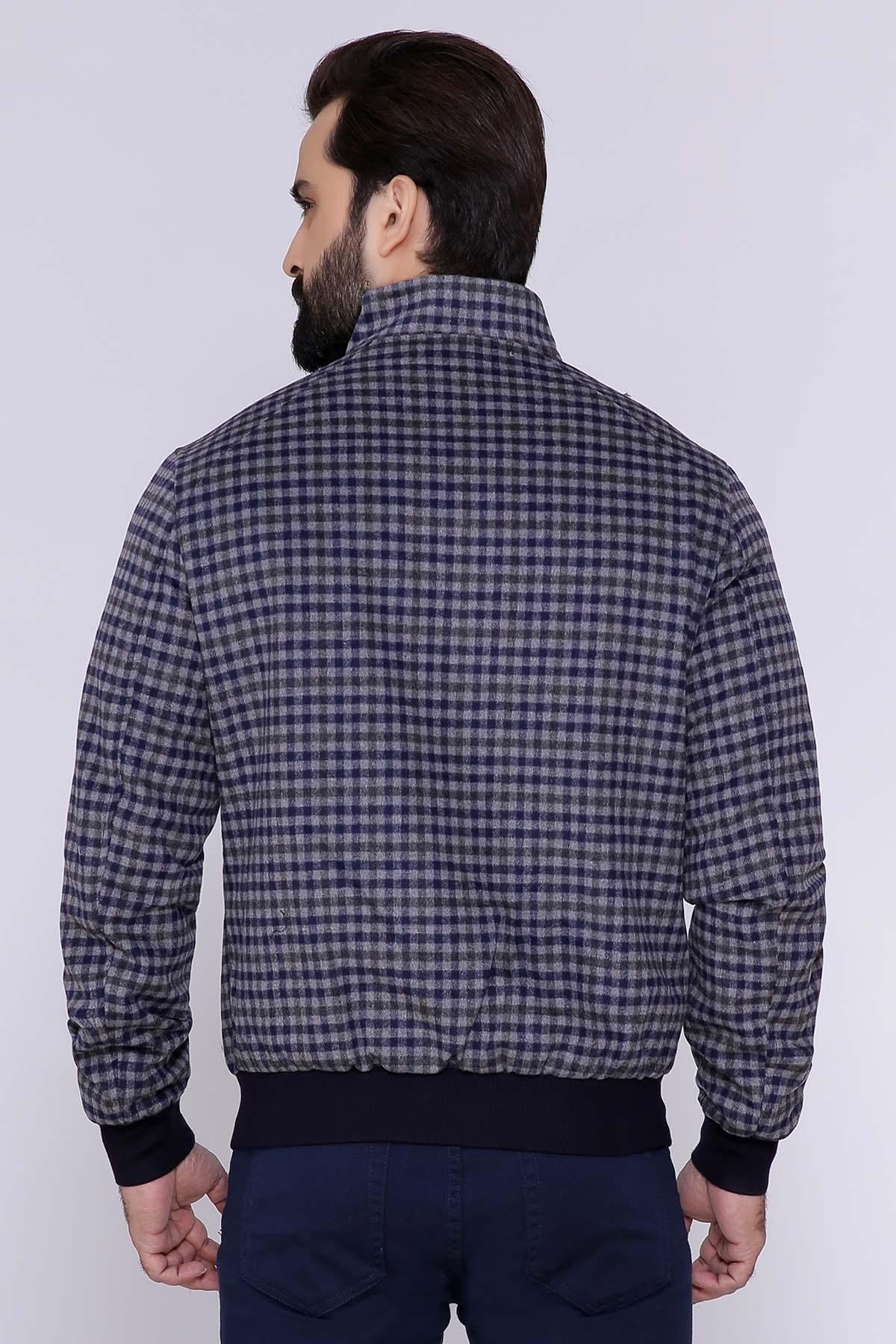 Woolen full-sleeve jacket, blue-gray check back view with stand collar and ribbed hem.