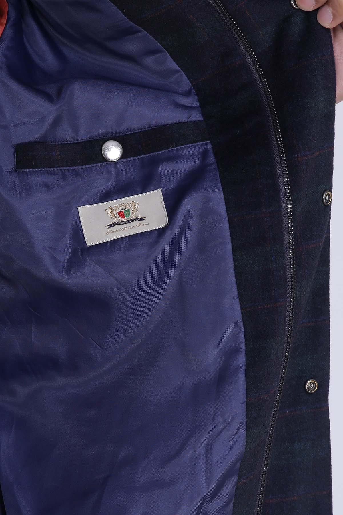 Navy wool jacket lining and chest pocket with fabric label