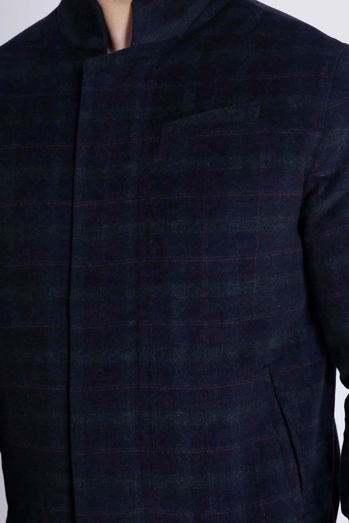 Dark navy wool jacket close-up of stand collar and button placket front