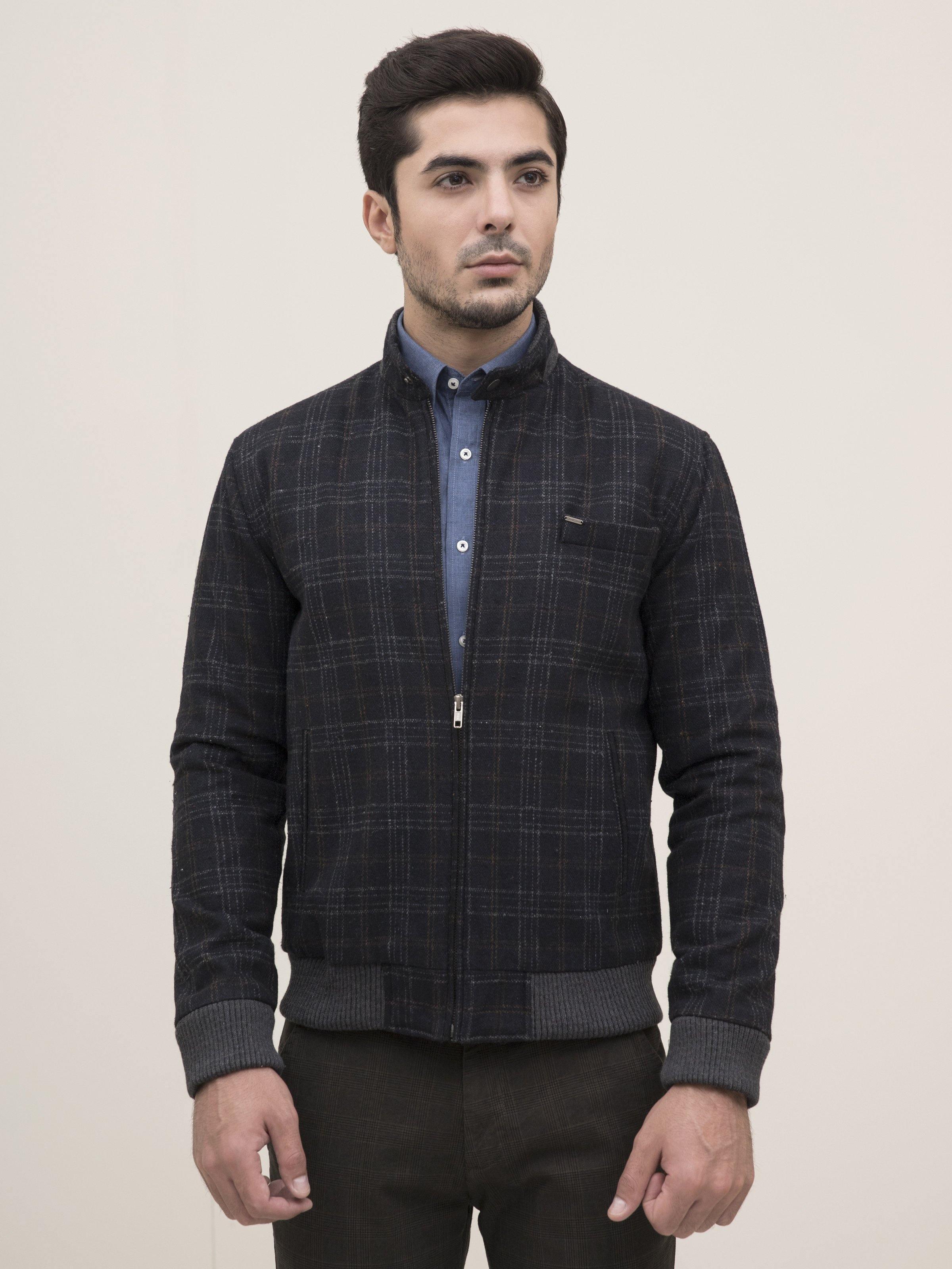 WOOLEN JACKET FULL SLEEVE NAVY GREY at Charcoal Clothing