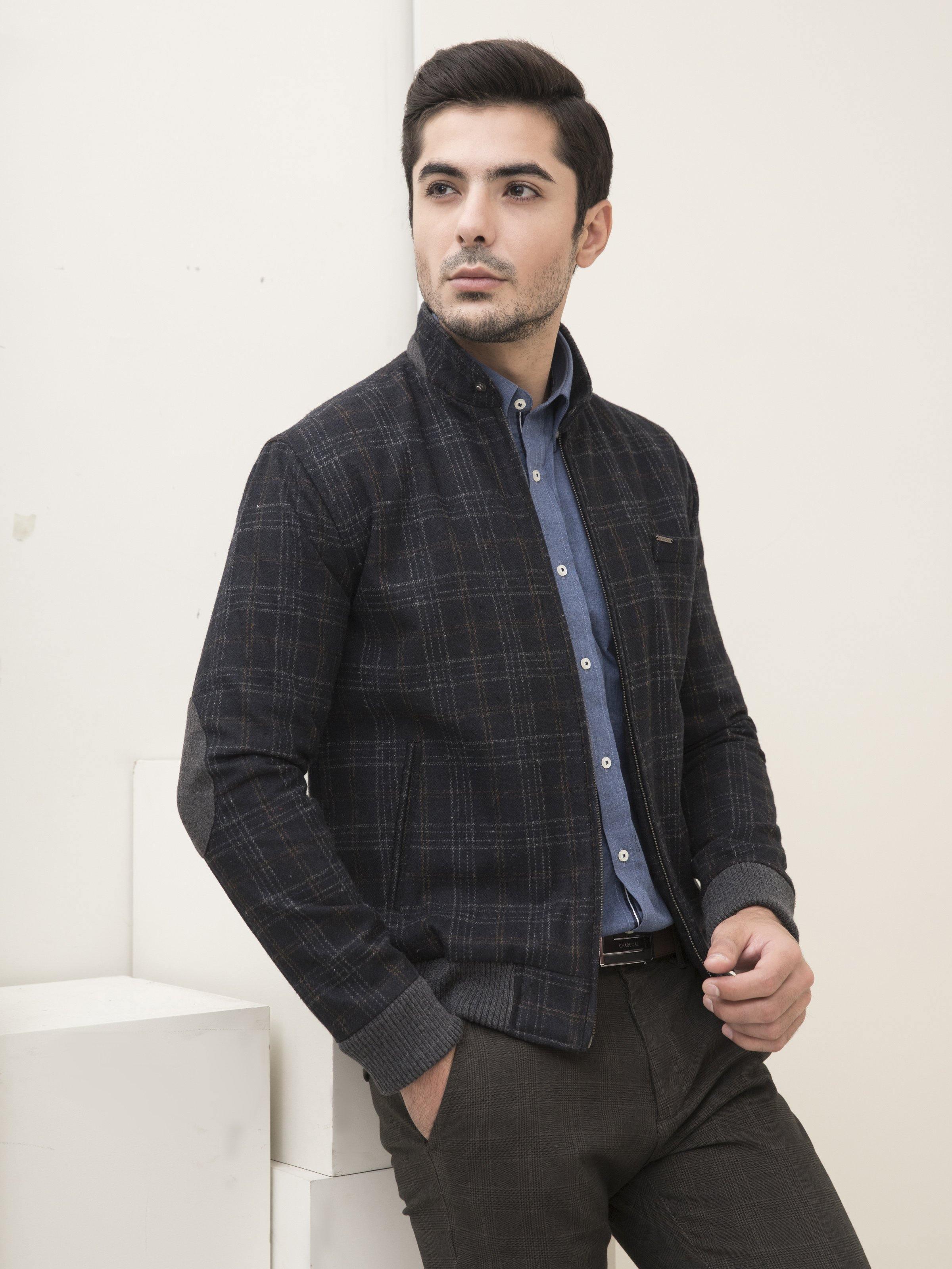 WOOLEN JACKET FULL SLEEVE NAVY GREY at Charcoal Clothing