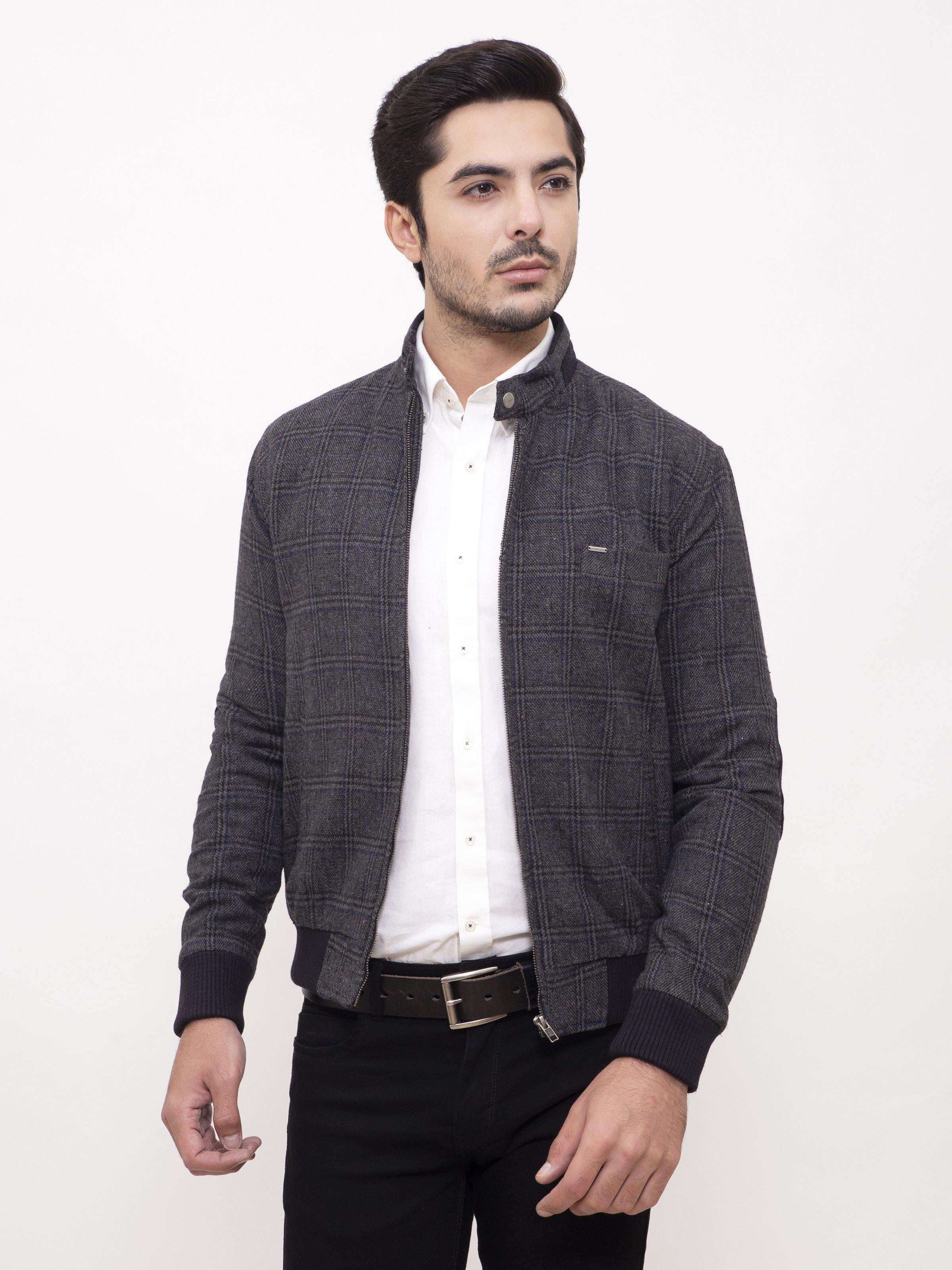 WOOLEN JACKET RIB BAN FULL SLEEVE GREY BLACK at Charcoal Clothing