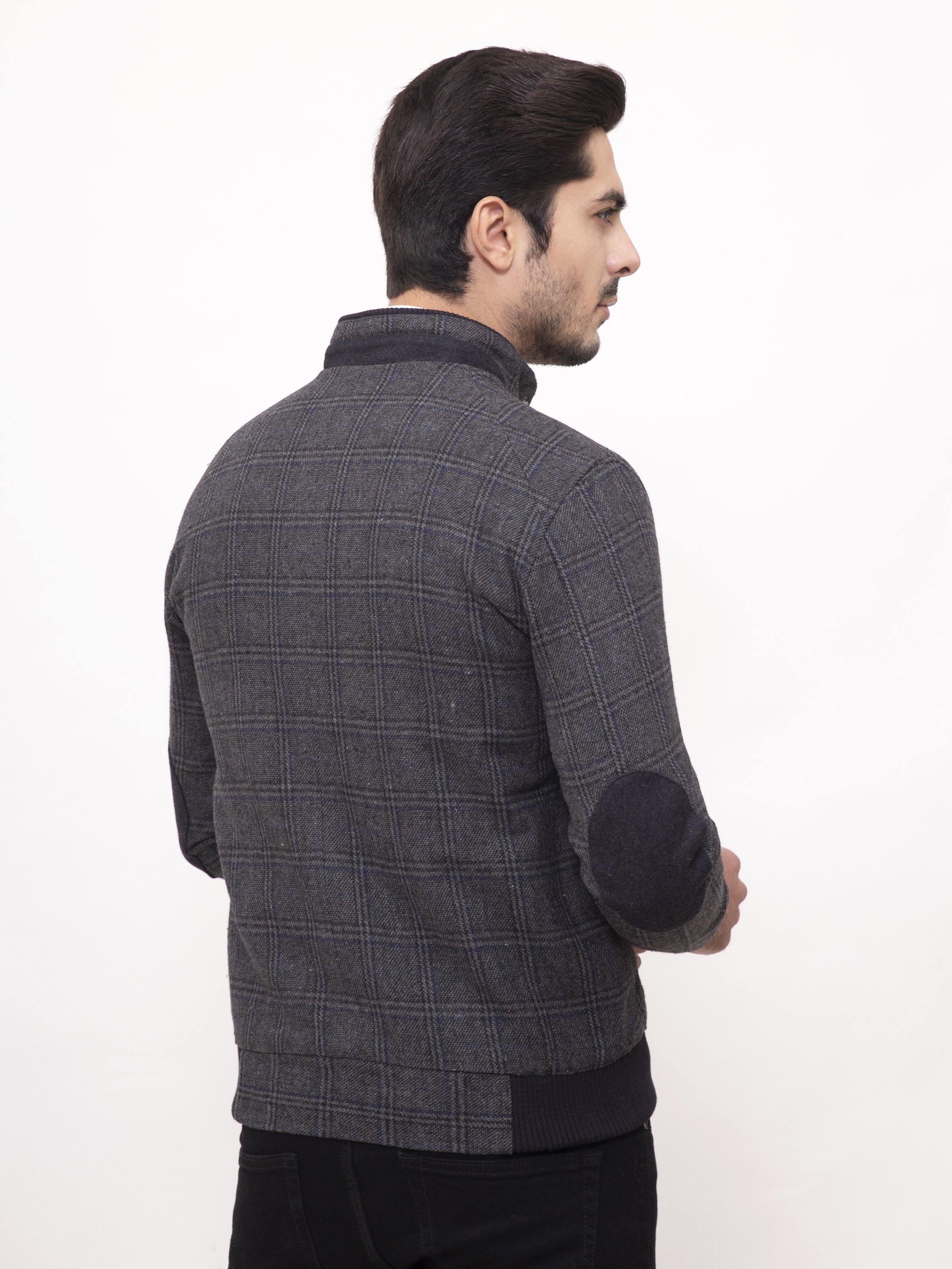 WOOLEN JACKET RIB BAN FULL SLEEVE GREY BLACK at Charcoal Clothing