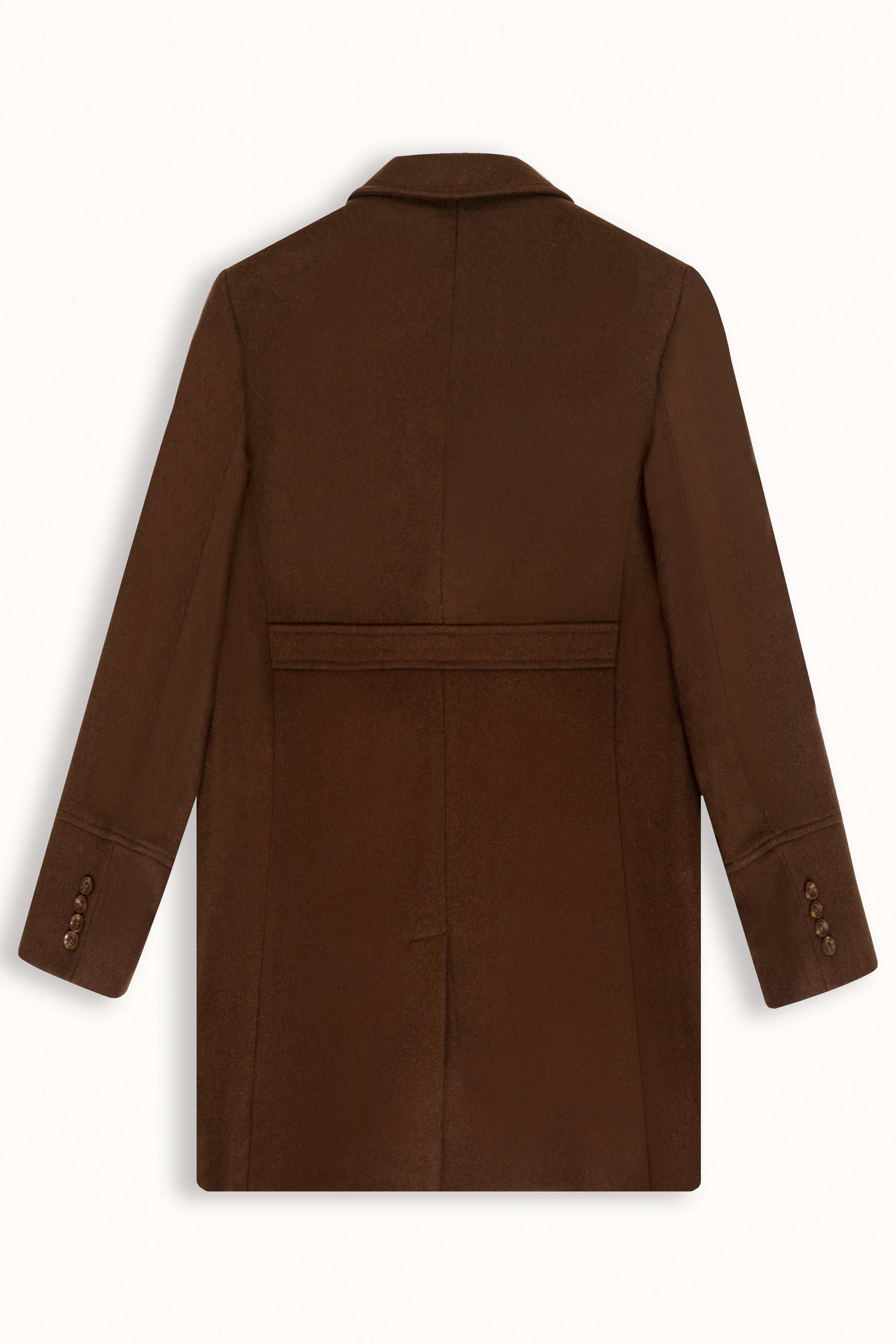 Dark brown wool long coat back view with centered vent and welt pockets