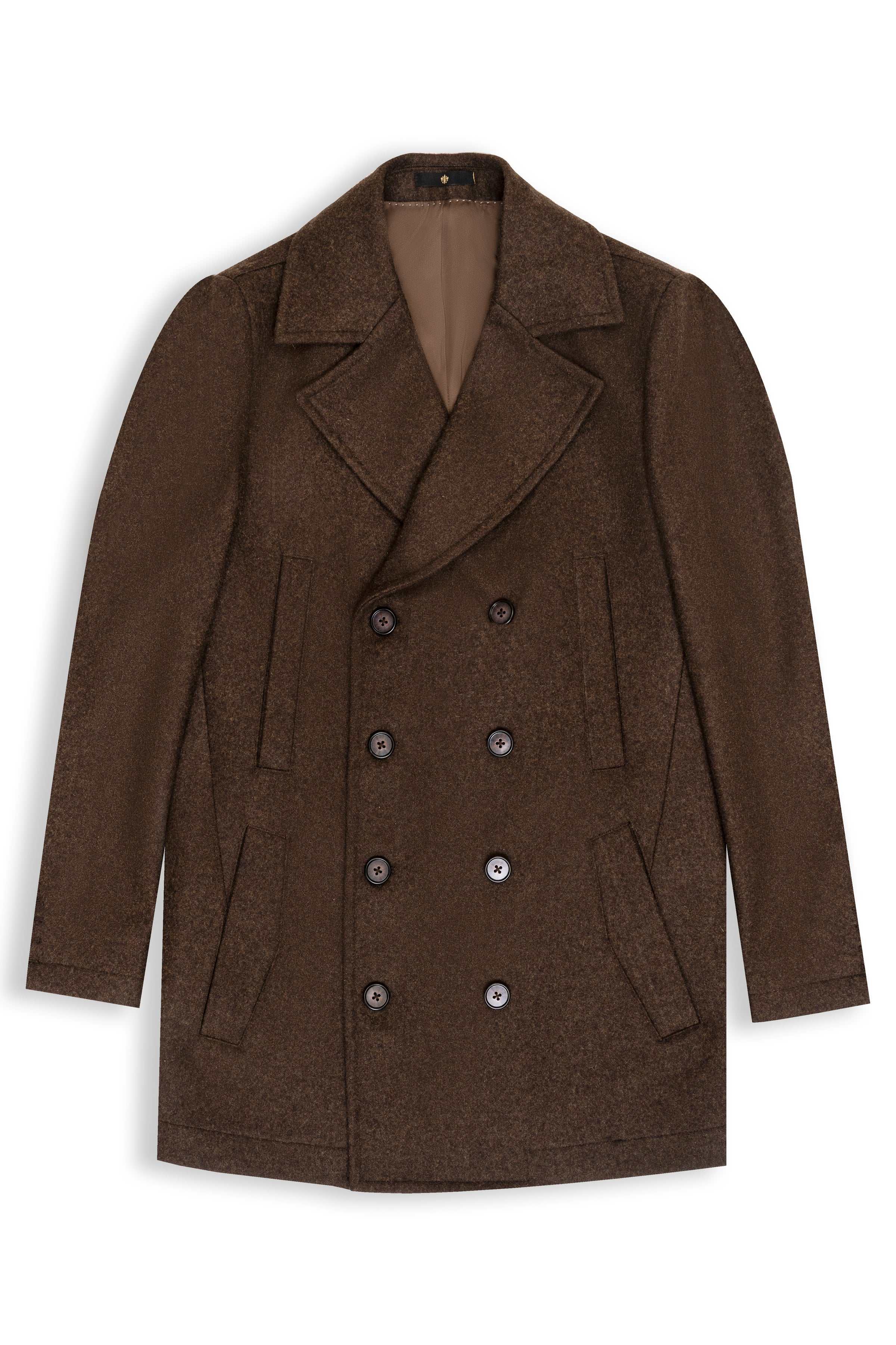 WOOLEN LONG COAT DOUBLE BREASTED DARK BROWN at Charcoal Clothing
