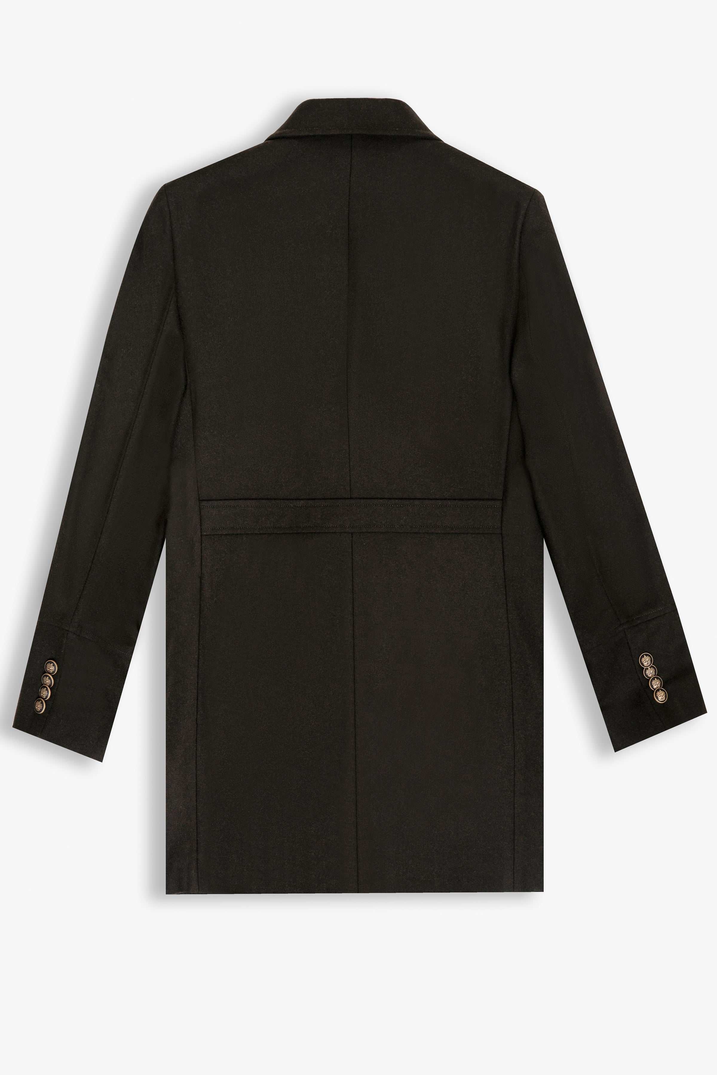 Wool long double-breasted coat, dark olive, back view with belt and cuffs