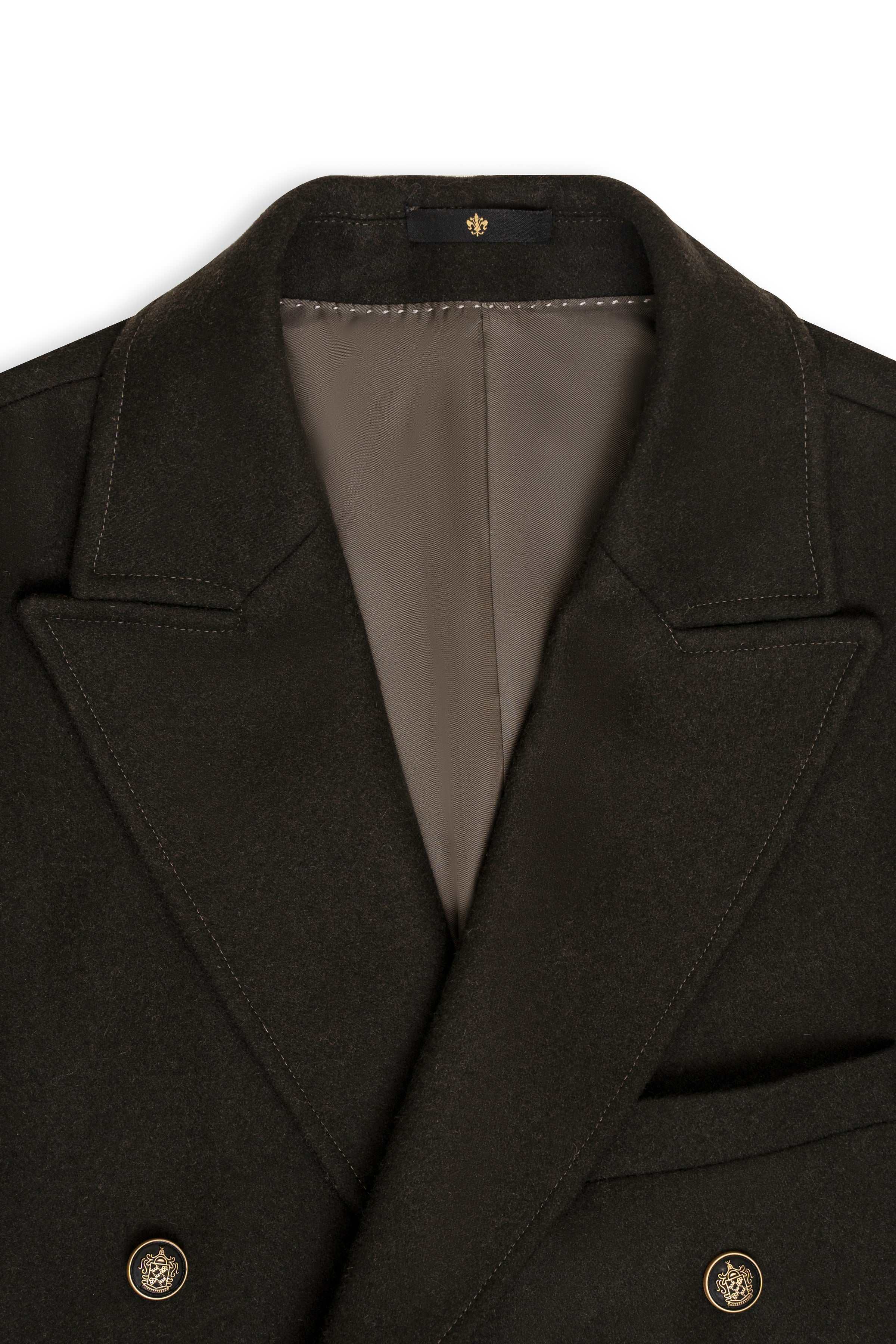 Wool long coat lapels and front buttons, dark olive, double-breasted detail