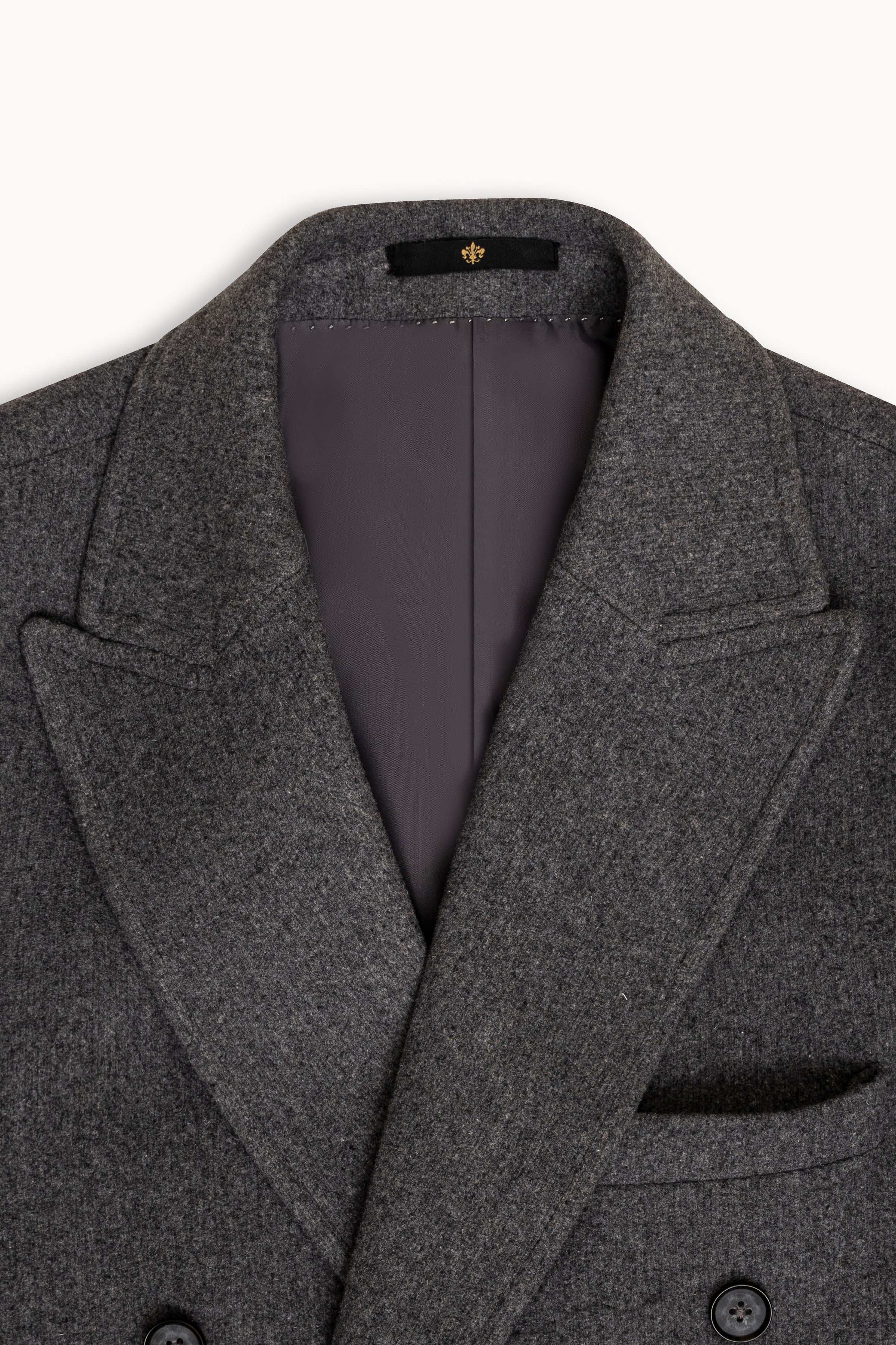 Grey wool coat with notched lapels and dark lining detail