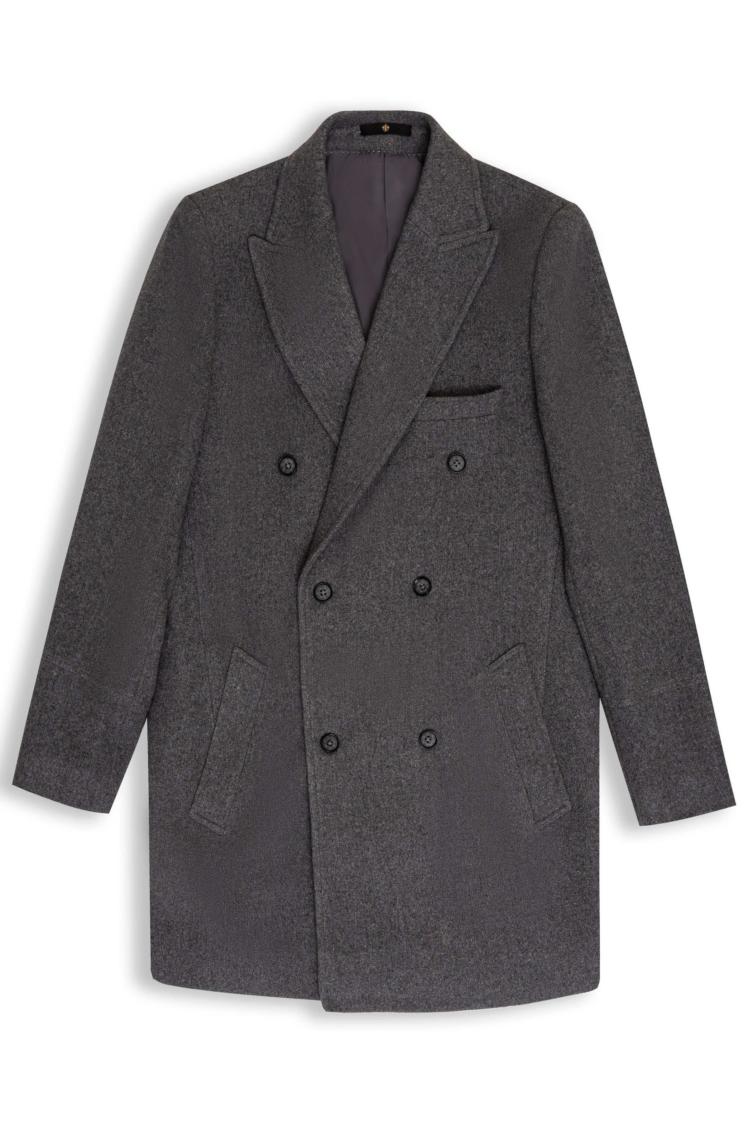Grey wool double-breasted long coat with notched lapels and flap pockets