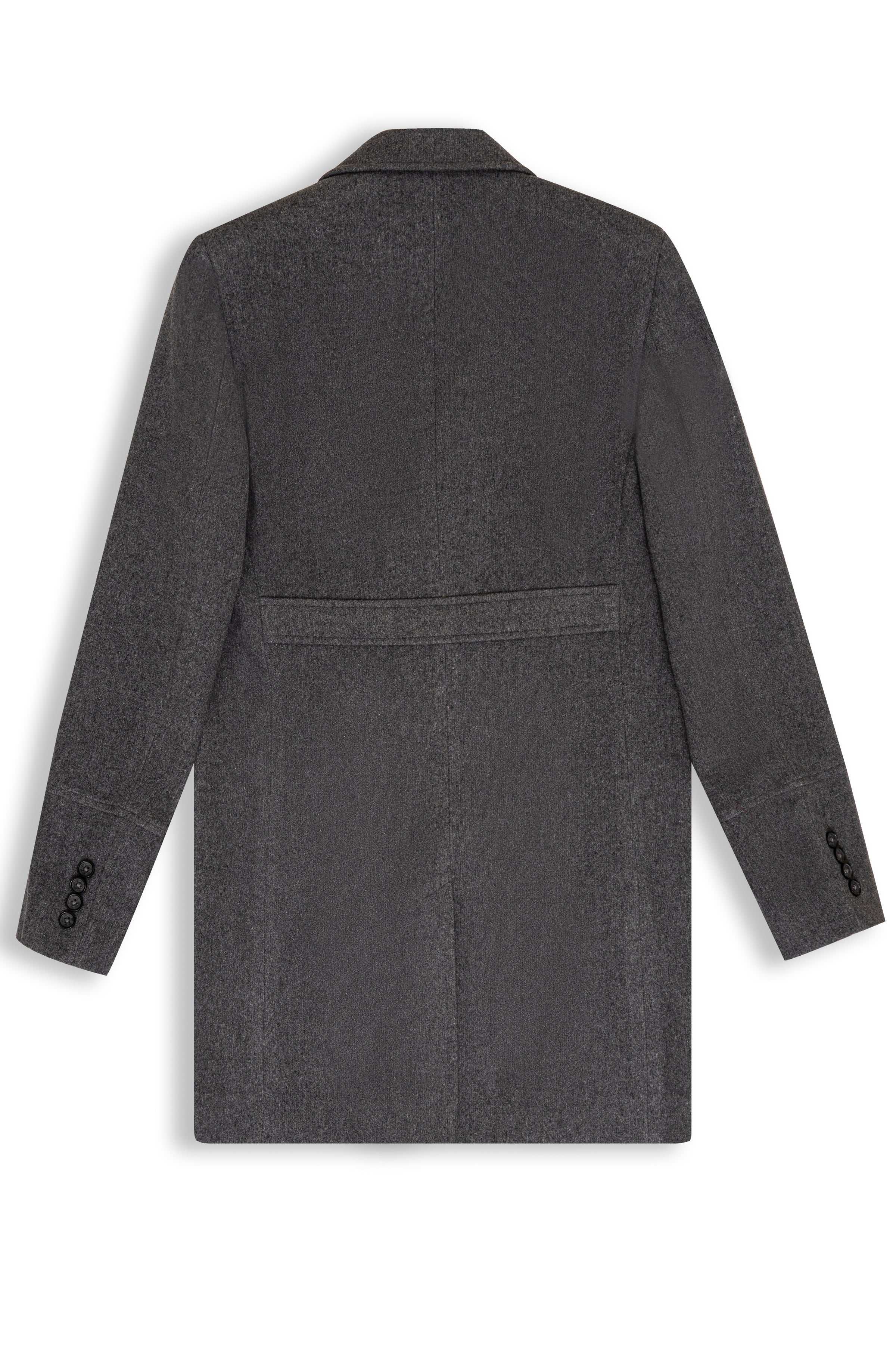 Grey wool long coat back with center vent and back yoke