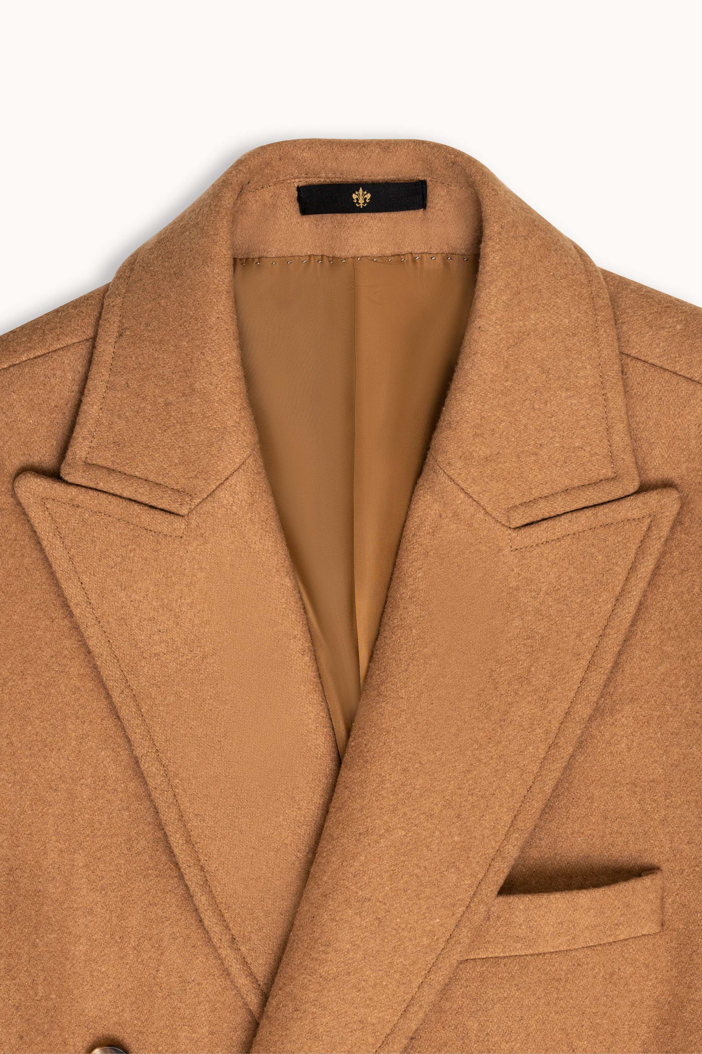 Khaki wool long coat, close view of notched lapels and double-breast closure
