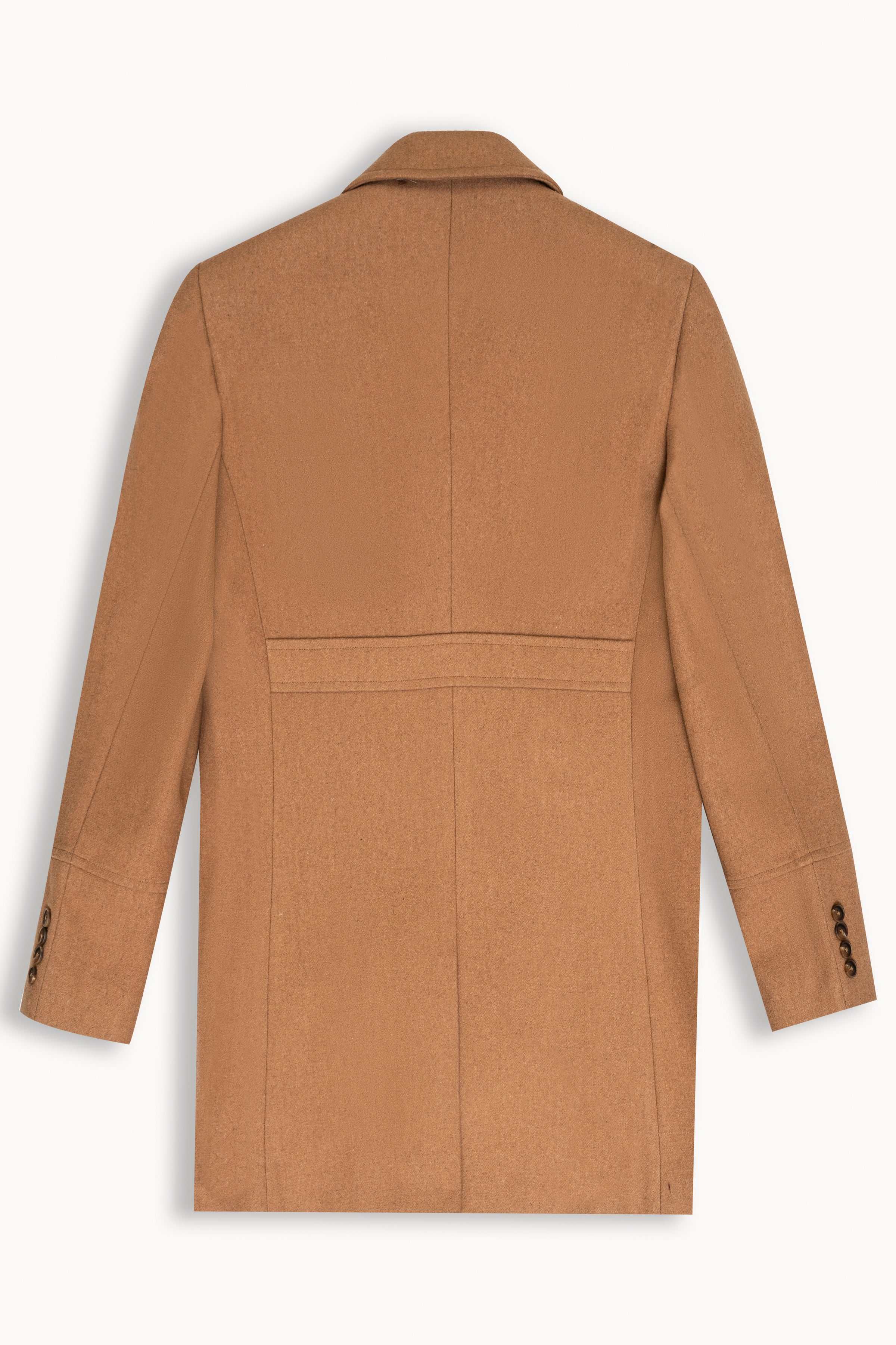 Khaki wool long coat with back yoke and welt pockets, back view