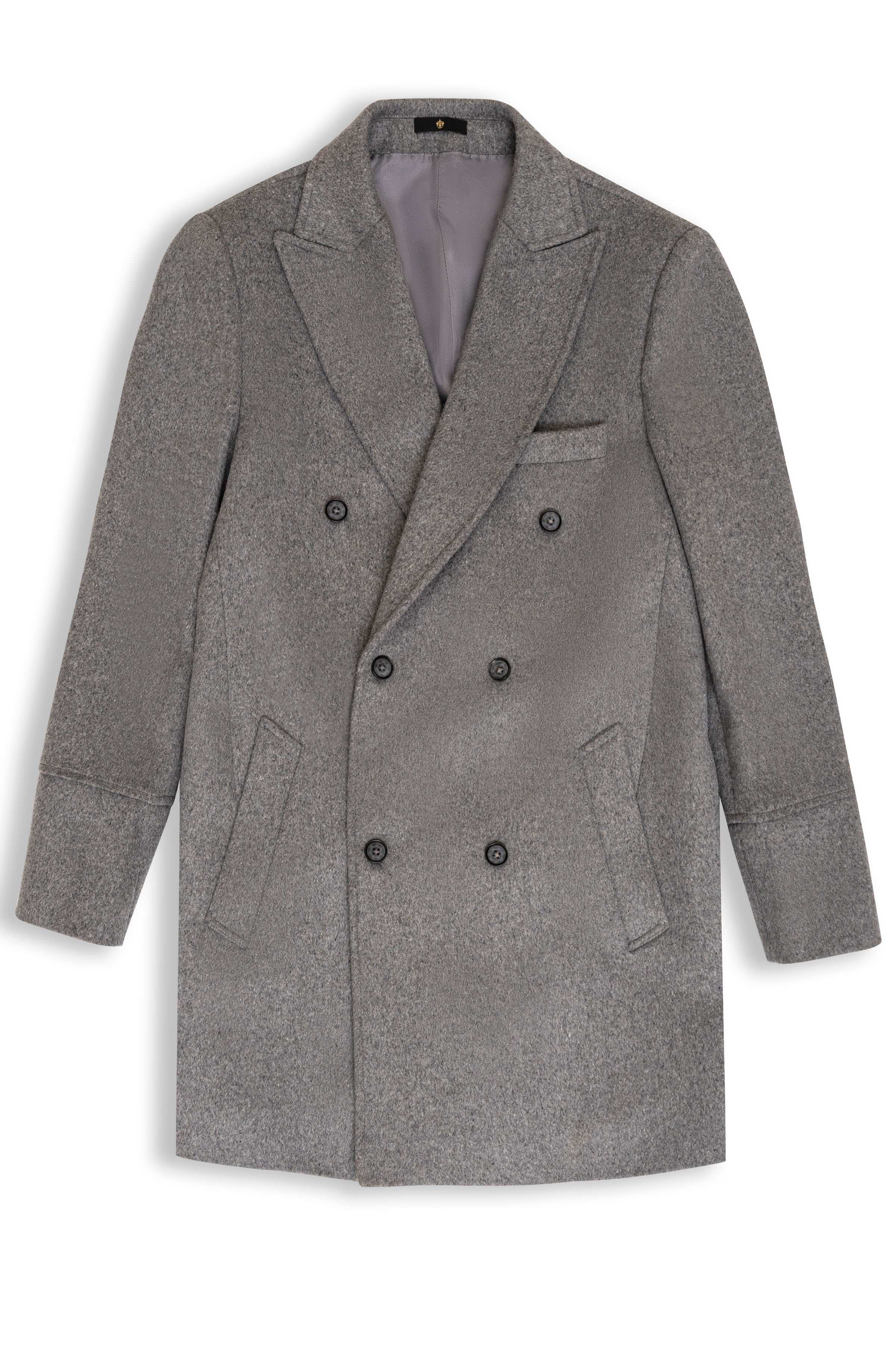 Long double-breasted wool coat in grey, notched lapels, four-button front