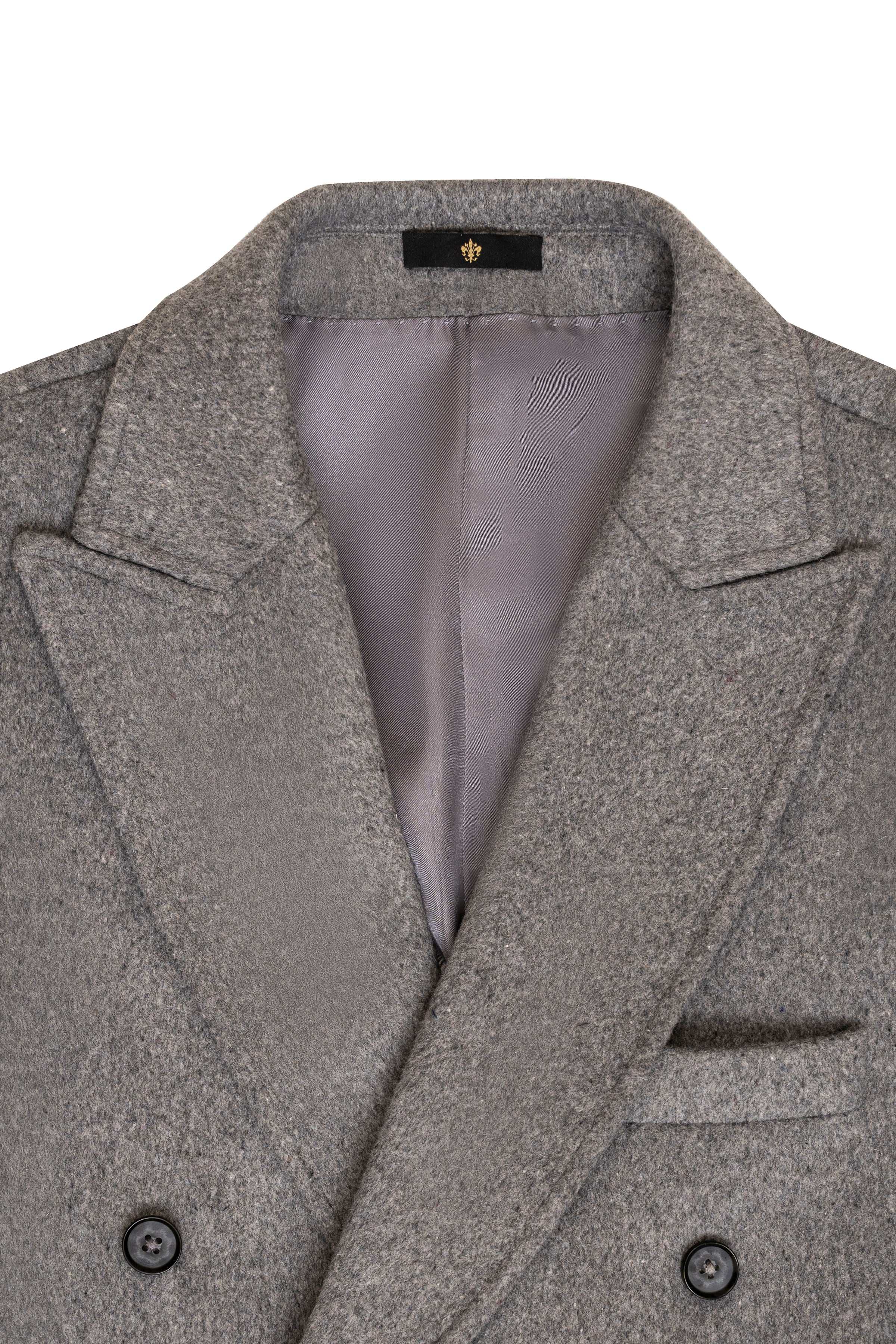 Long double-breasted wool coat close-up, notched lapels, lining and buttons