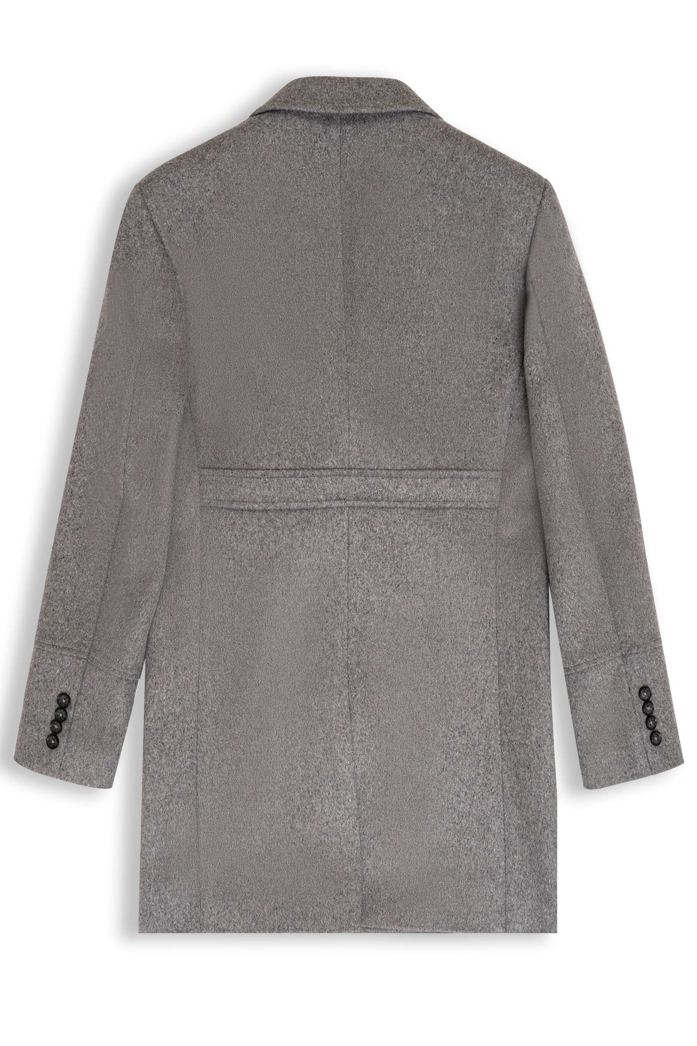 Long grey wool coat, center back seam, buttoned sleeve cuffs