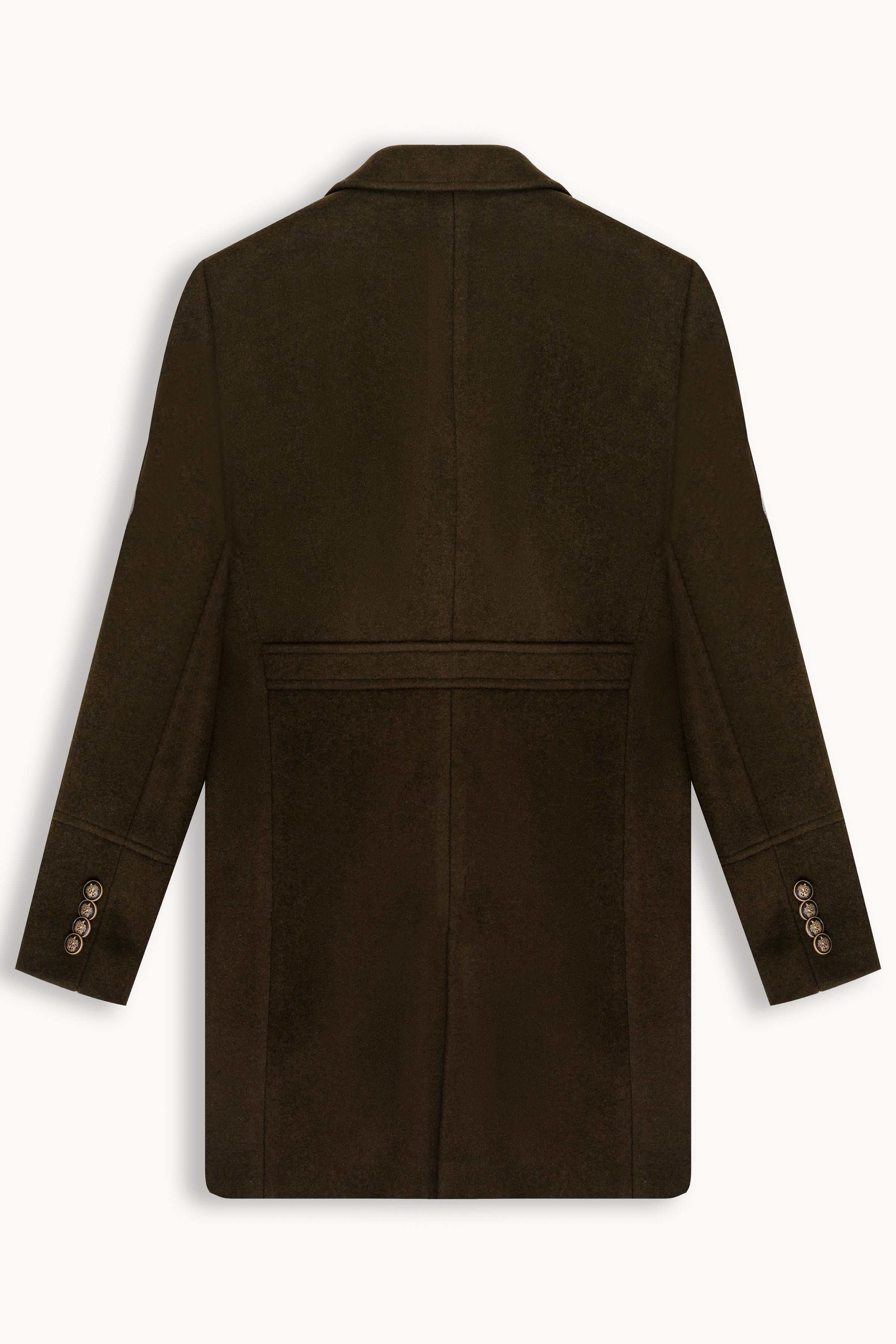 Olive wool long coat back view with center seam, patch pockets, and long sleeves