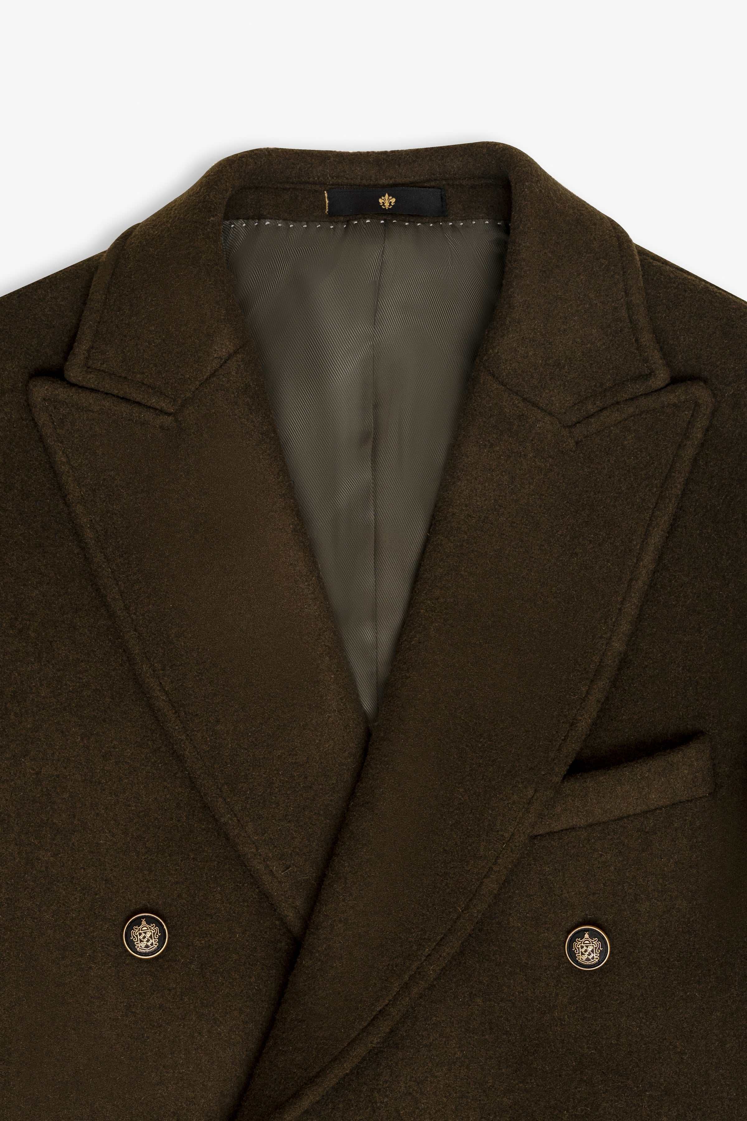 Olive wool long coat lapels with double-breast buttons and inner chest pocket