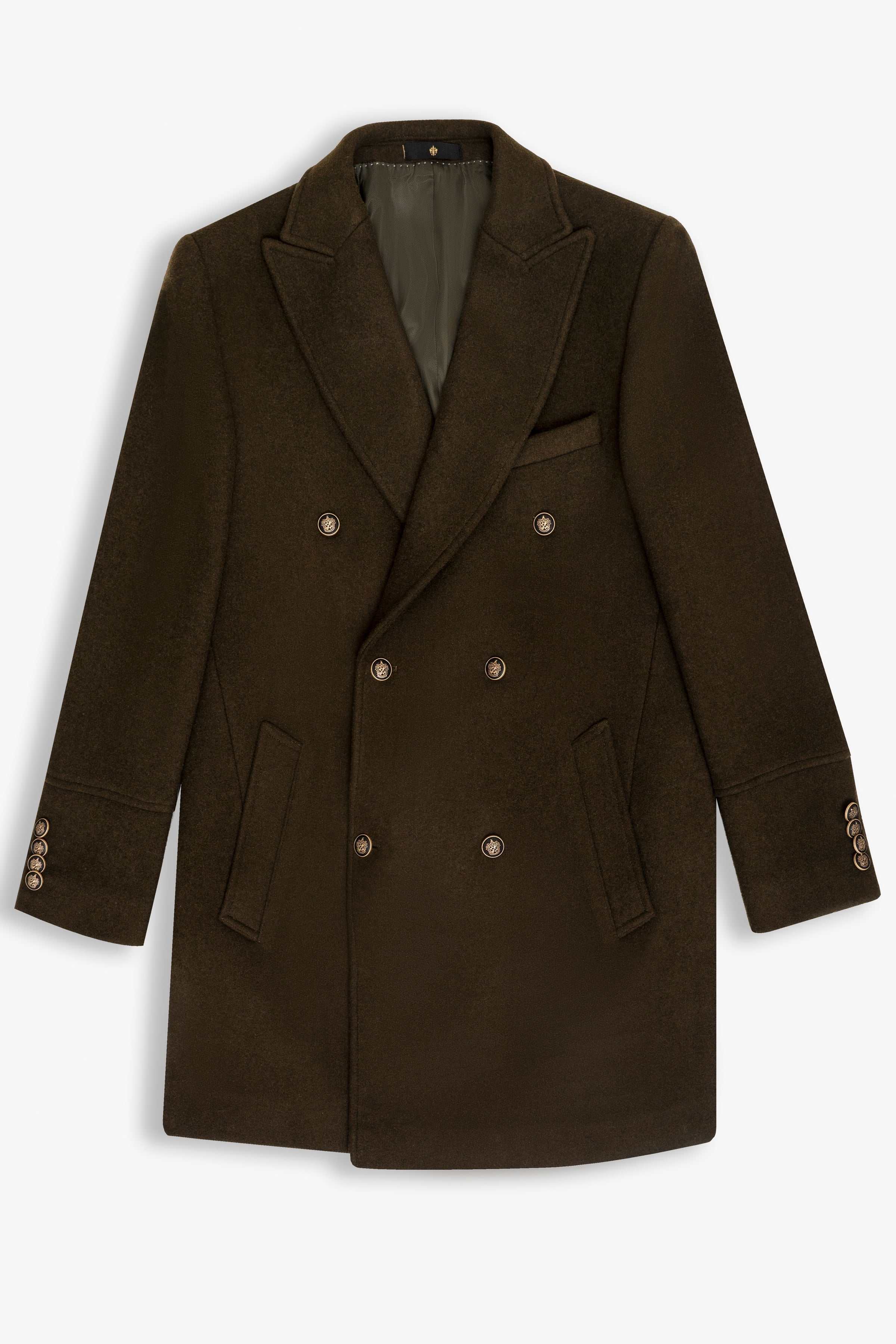 Olive wool double-breasted long coat with notched lapels and front buttons