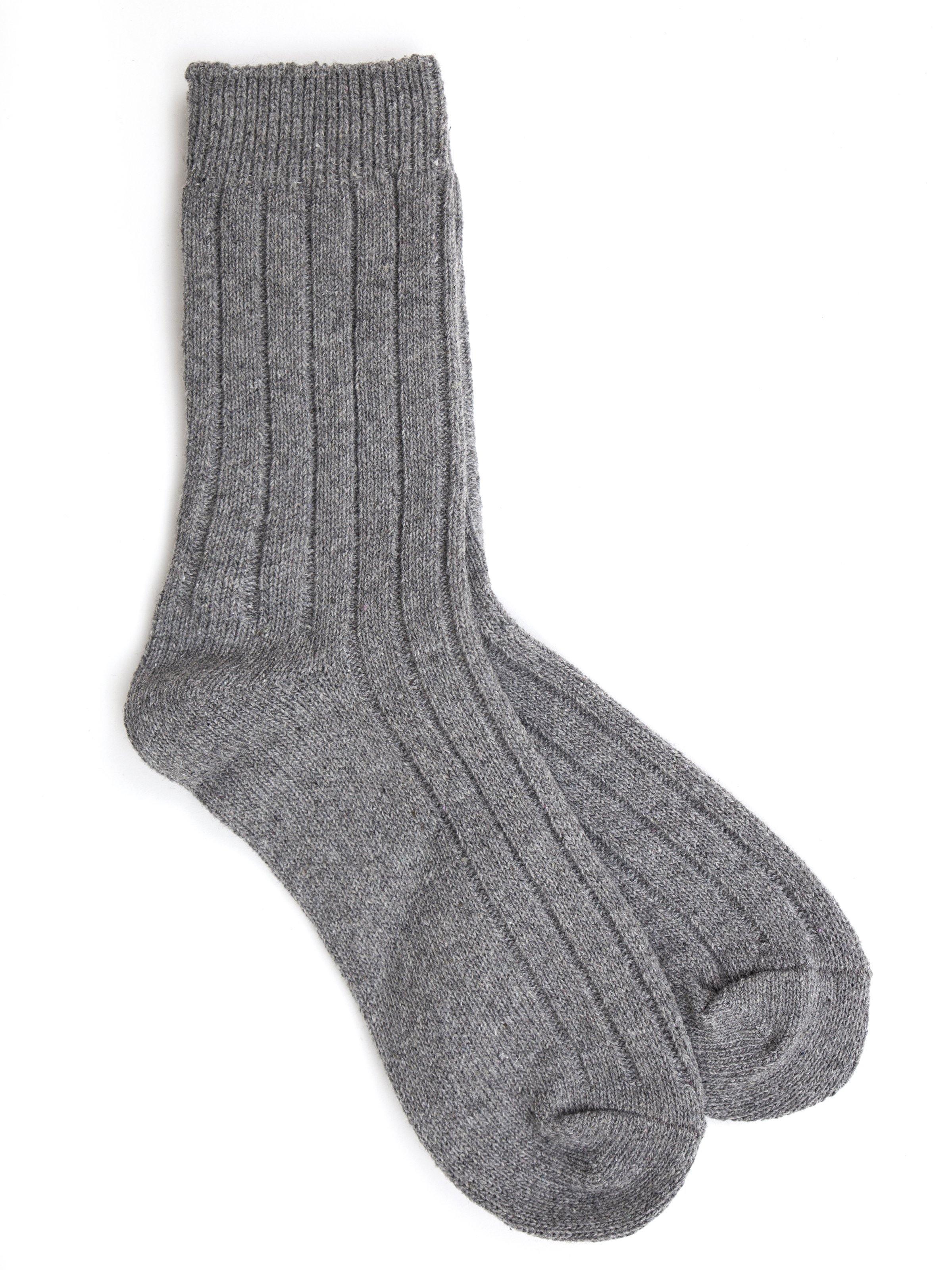 Gray ribbed wool socks, crew height with cushioned toe