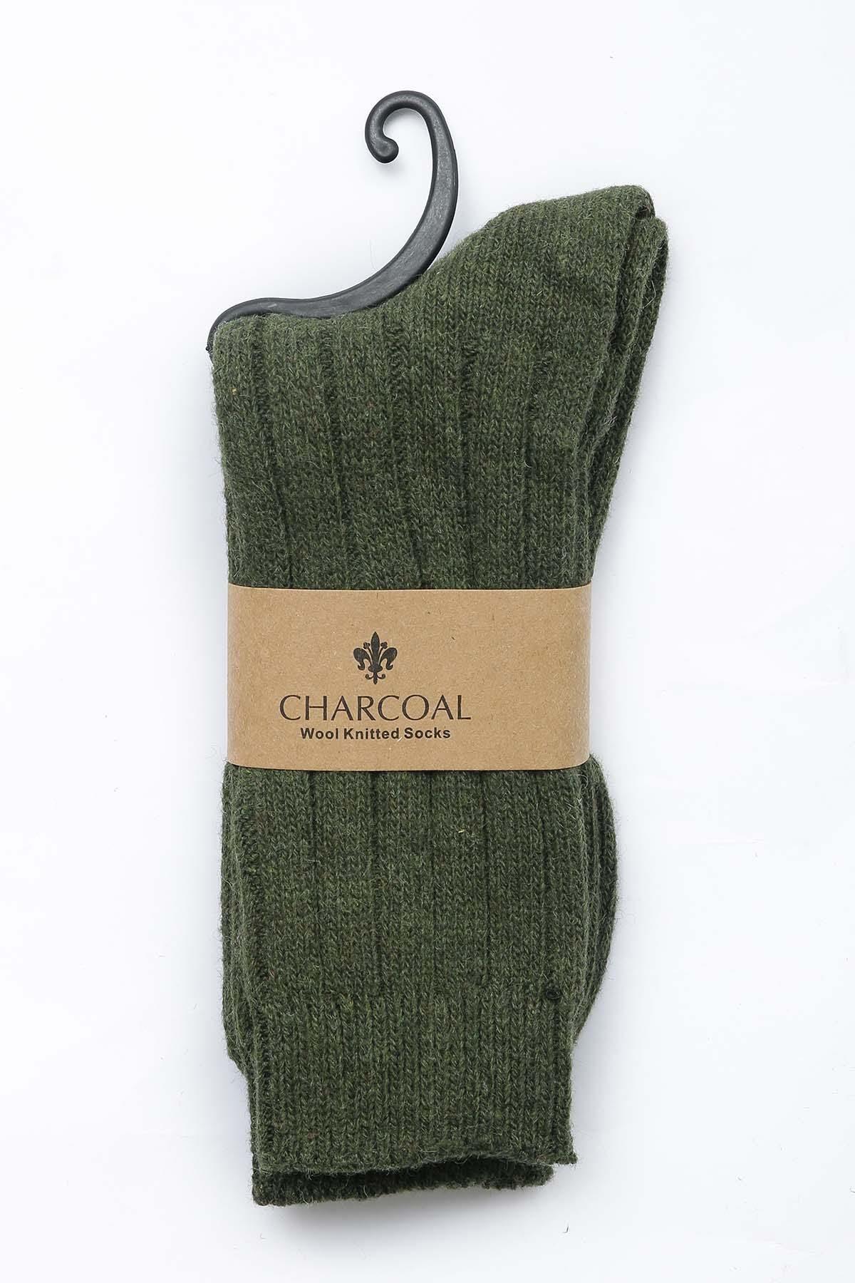 Charcoal woolen socks with ribbed knit cuff on hanger