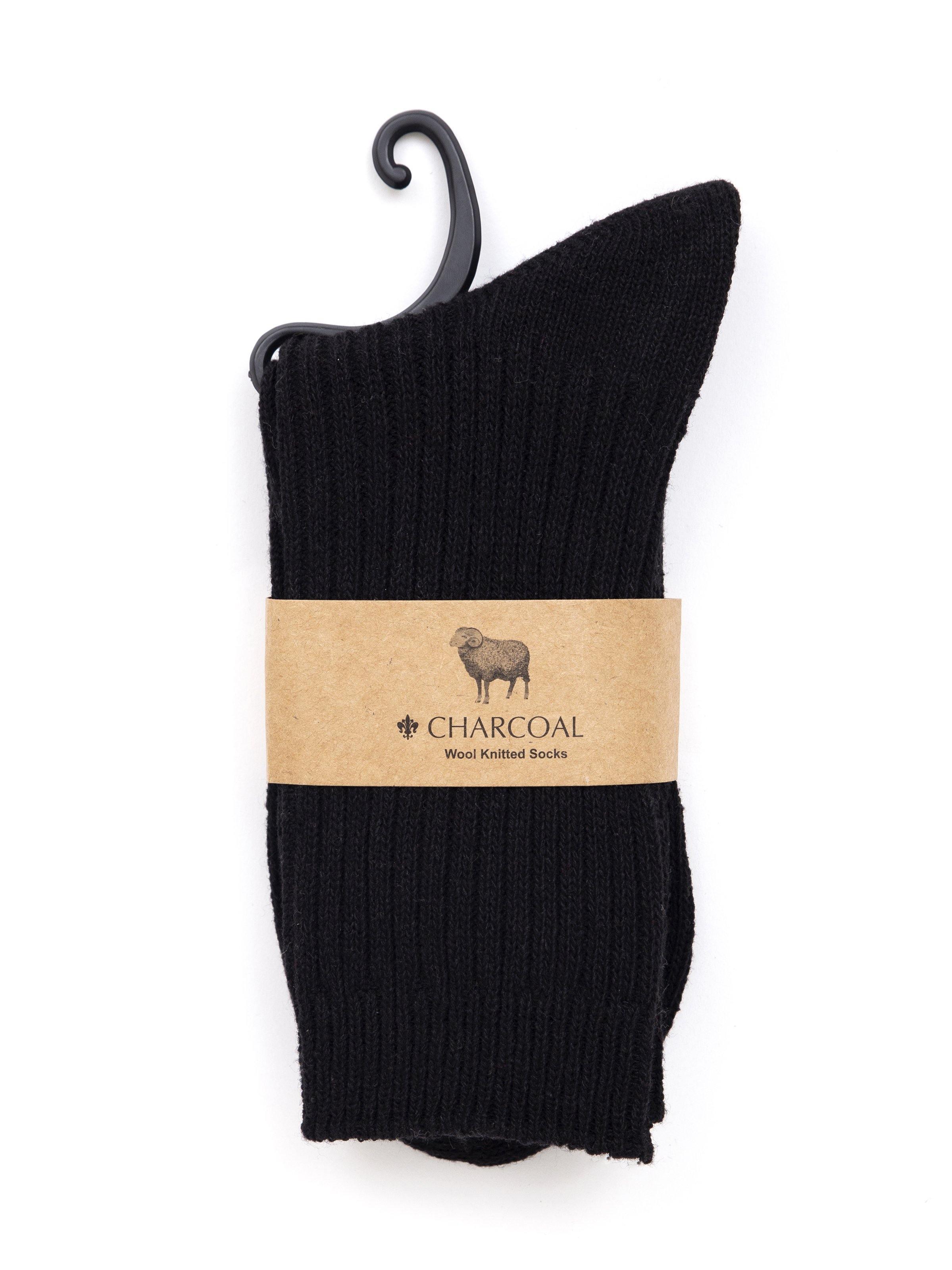 Woolen sock in packaging, dark crew sock with ribbed knit cuff