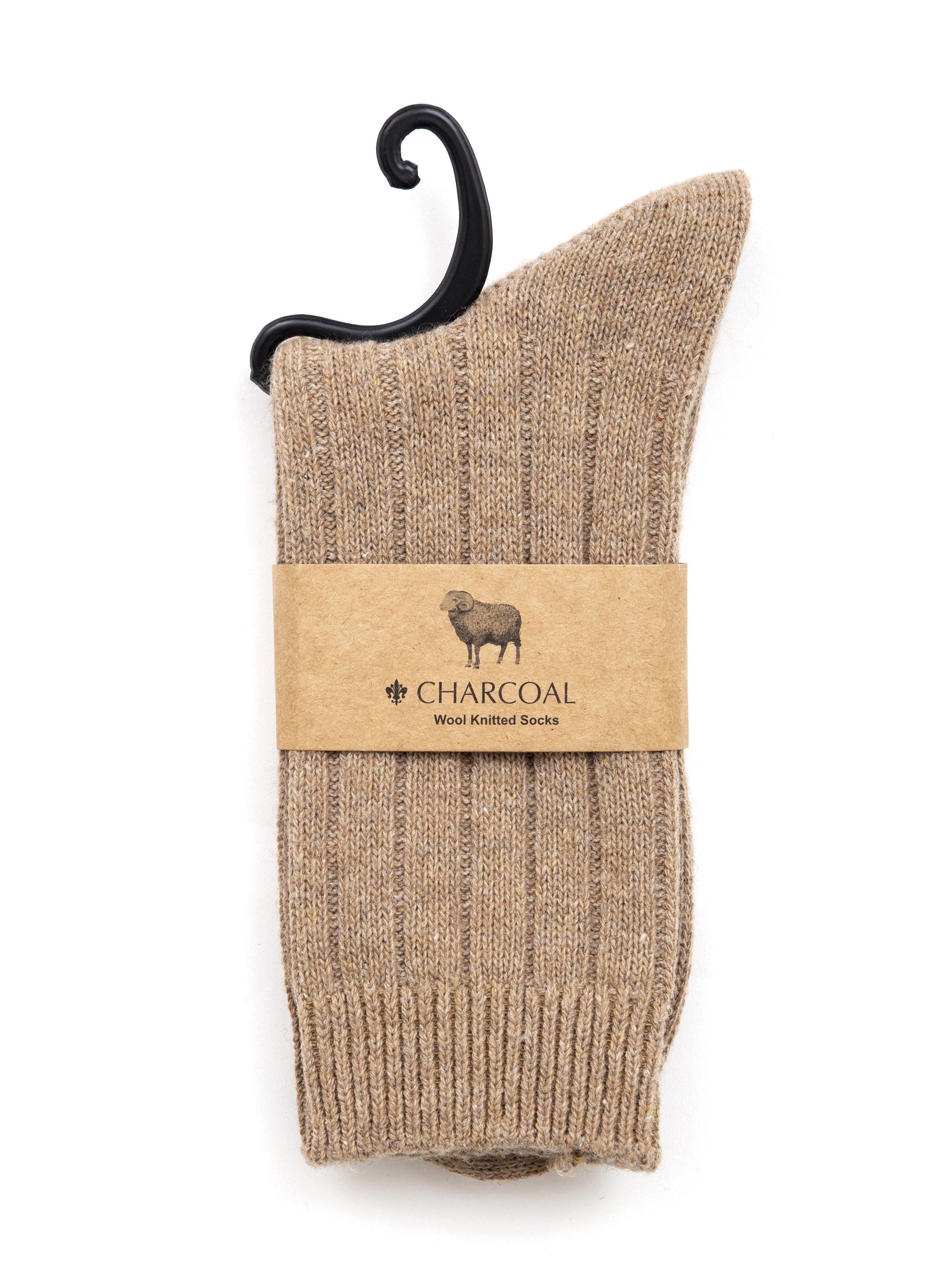 Woolen crew sock with CHARCOAL tag, beige tan ribbed knit, hanging on hook