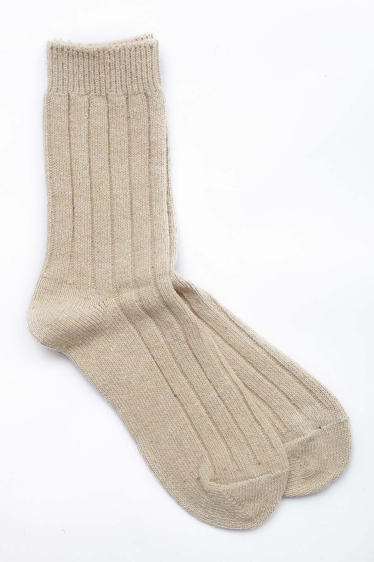 Beige crew wool sock, ribbed cuff and knit panels, ankle-to-calf coverage