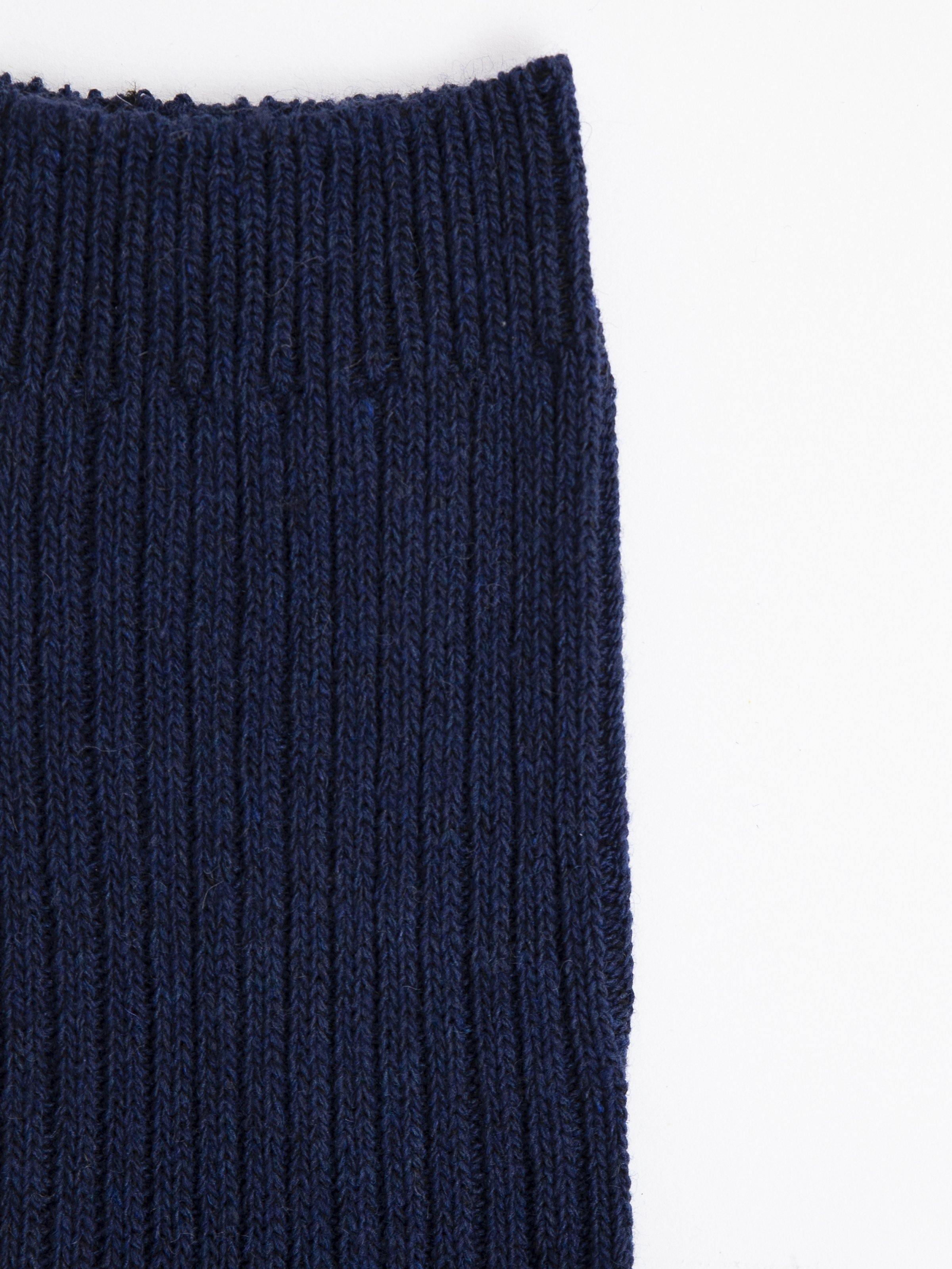 Dark blue wool crew sock ribbed knit close-up