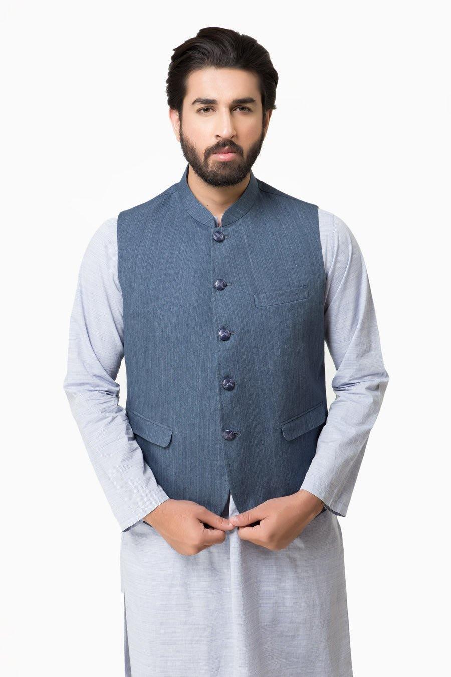 Blue grey waistcoat with button front and two front pockets.