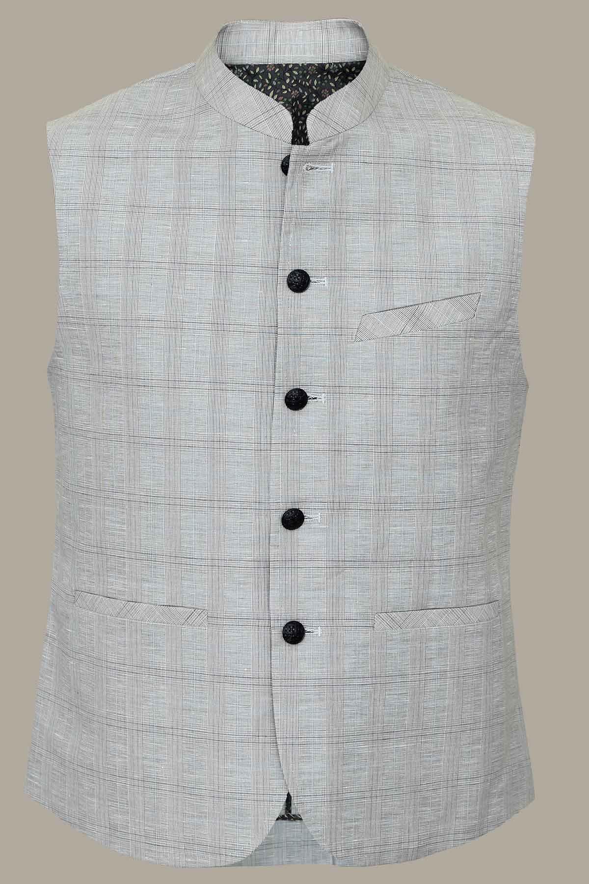 Smoke grey waistcoat with button front and stand collar, woven check pattern.