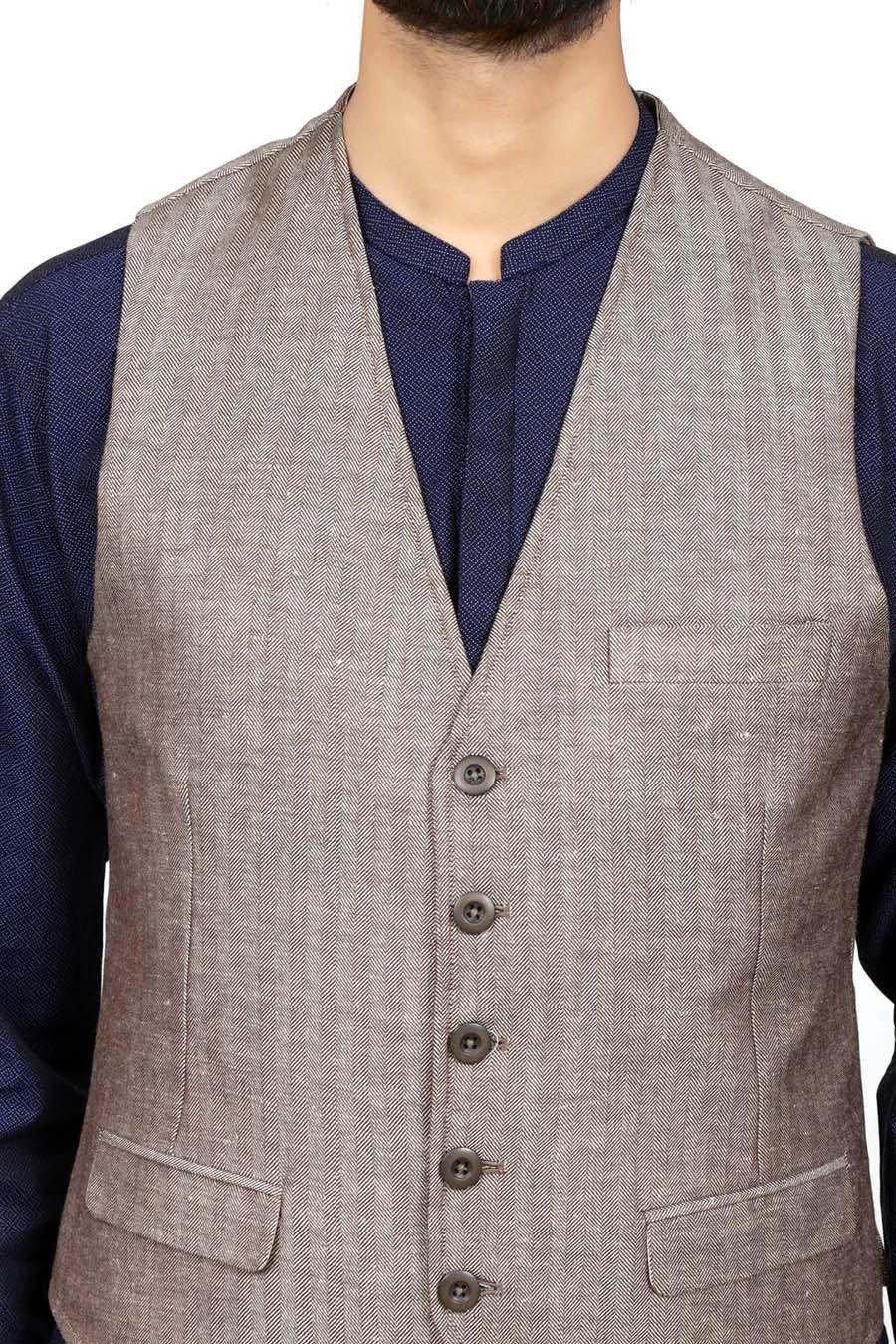 Beige V-neck waistcoat with button-front and flap pockets at waist
