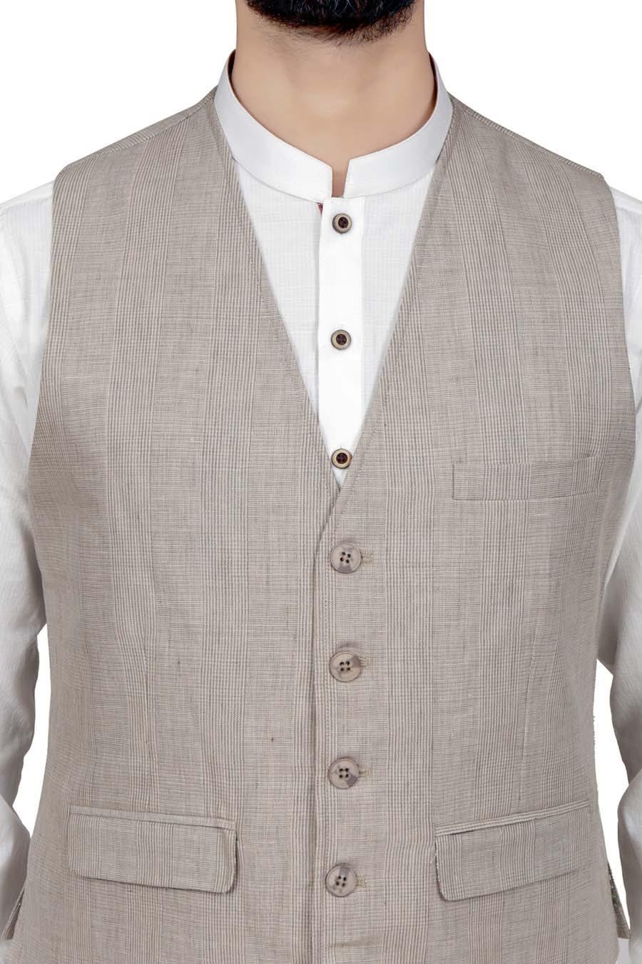 Light khaki V-neck waistcoat with button placket and chest-to-hem pockets.